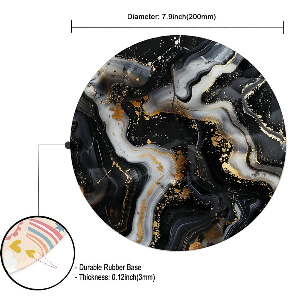Premium Round Gaming Mouse Pad - Non-Slip Rubber Base with Stitched Edge (7.9 x 7.9 Inch) for PC, Laptop & Office - Grey Black Marble Design - Perfect for Gamers, Programmers & Home Office Use