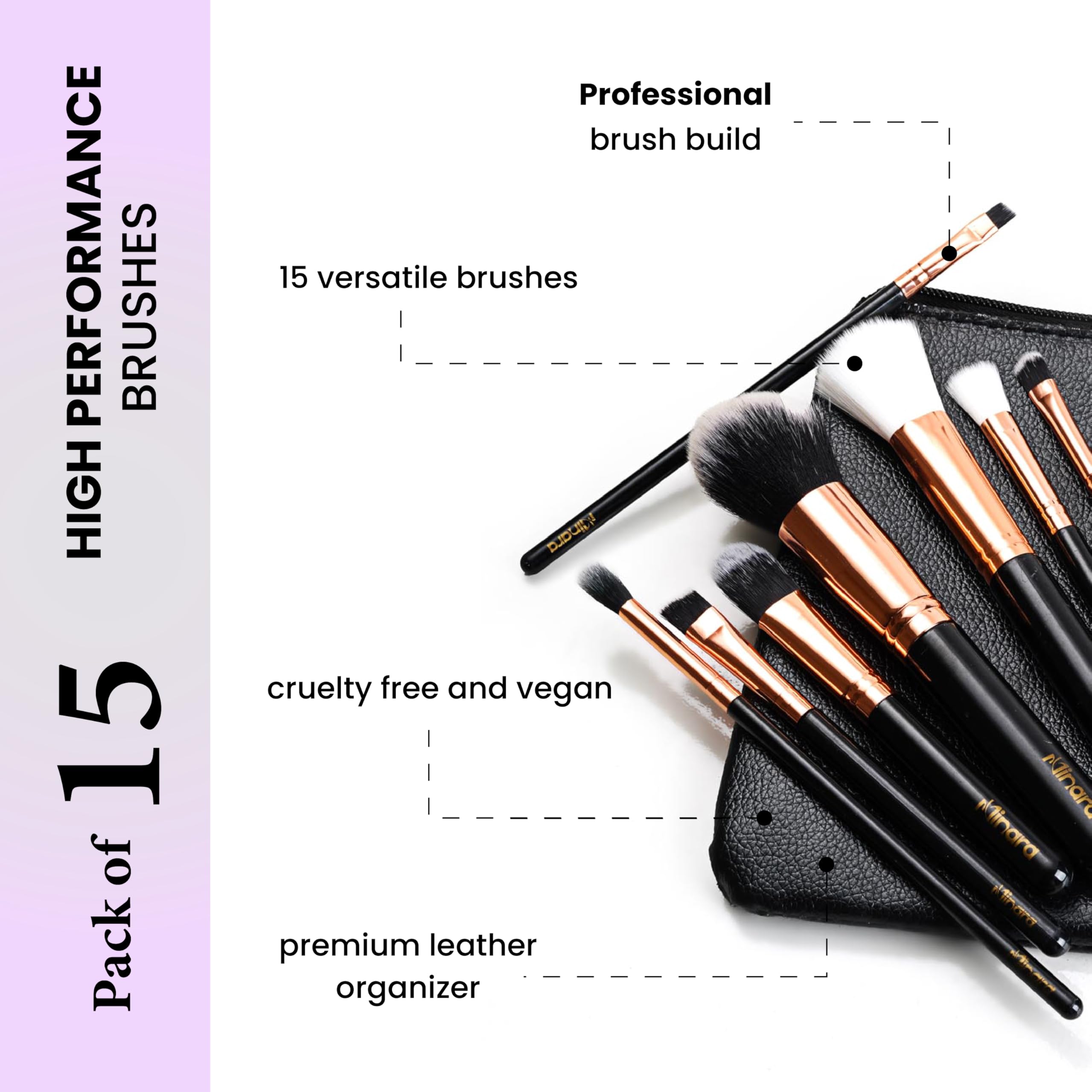 Minara 15-Piece Makeup Brush Set with Travel Pouch (Black) - Professional Foundation, Eyeshadow & Blending Brushes for Women | Portable Cosmetic Brush Kit with Storage Case | Perfect for Travel, Home Makeup & Professional Use