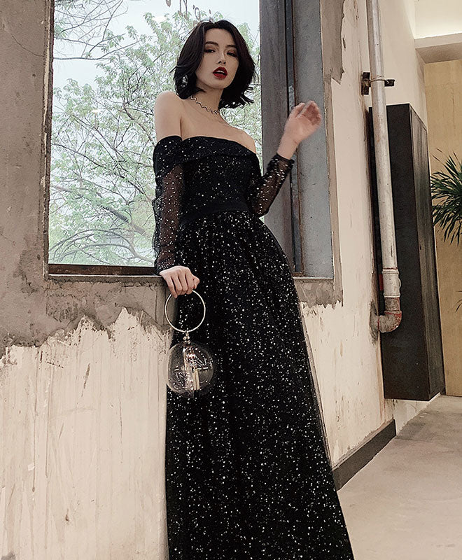 Elegant Black Tulle Long Prom Dress with Shiny Details - Formal Evening Gown for Homecoming, Ball, Wedding & Special Occasions