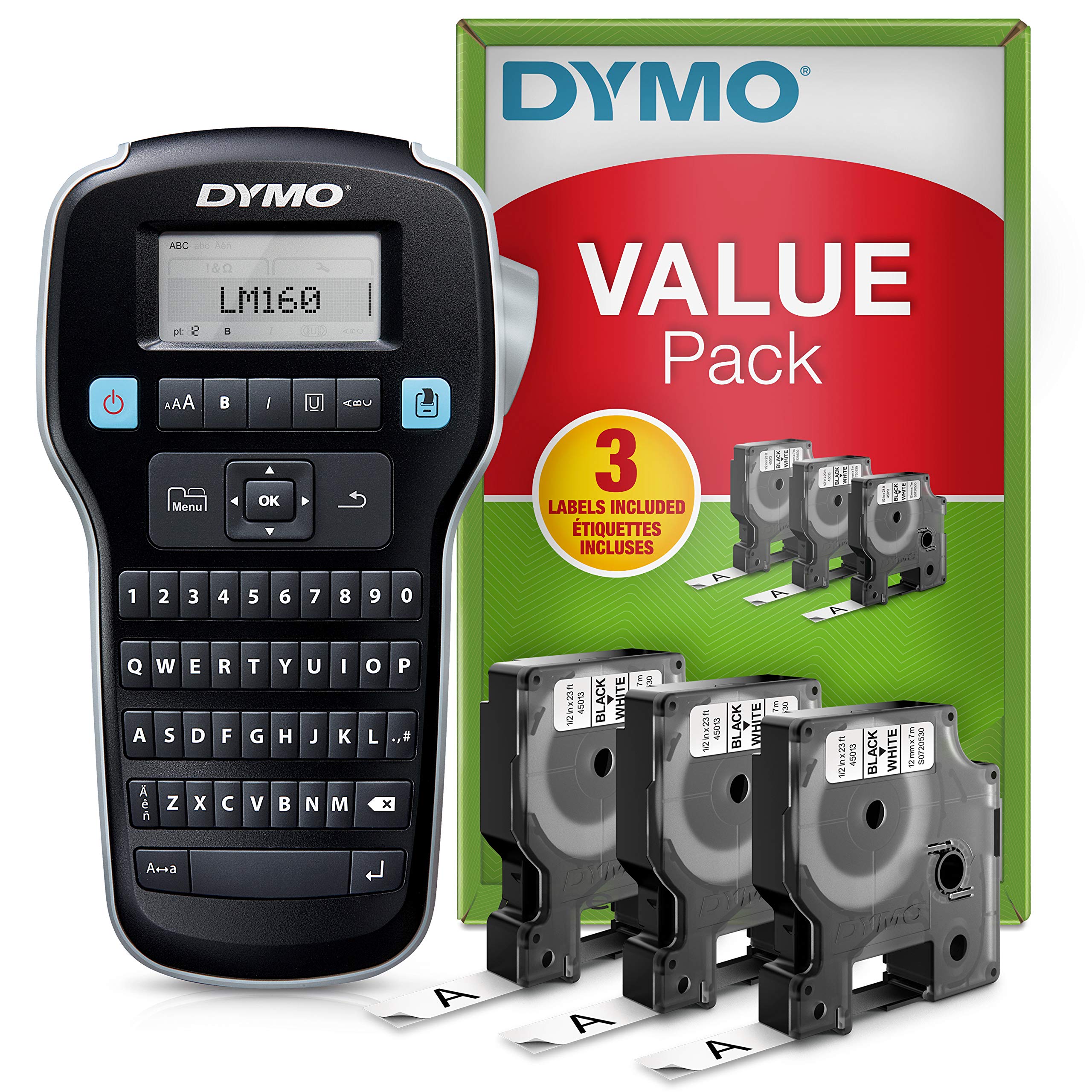 Dymo LabelManager 160 Portable Label Maker Kit with QWERTY Keyboard & 3 Rolls D1 Label Tape | Handheld Labeling Machine for Office, Home, Warehouse Organization | Perfect for File Folders, Storage Bins, Cable Management