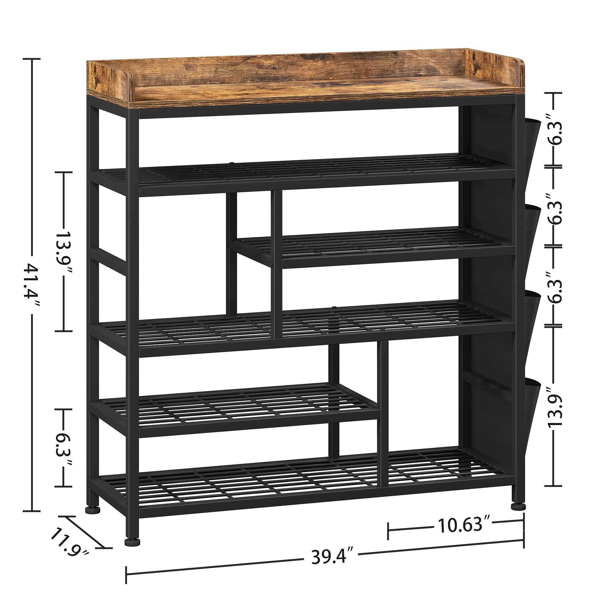 6-Tier Metal Shoe Rack with Wooden Top & Side Pockets - Holds 22 Pairs of Shoes - Space Saving Entryway Organizer for Hallway, Closet or Mudroom Storage - Black