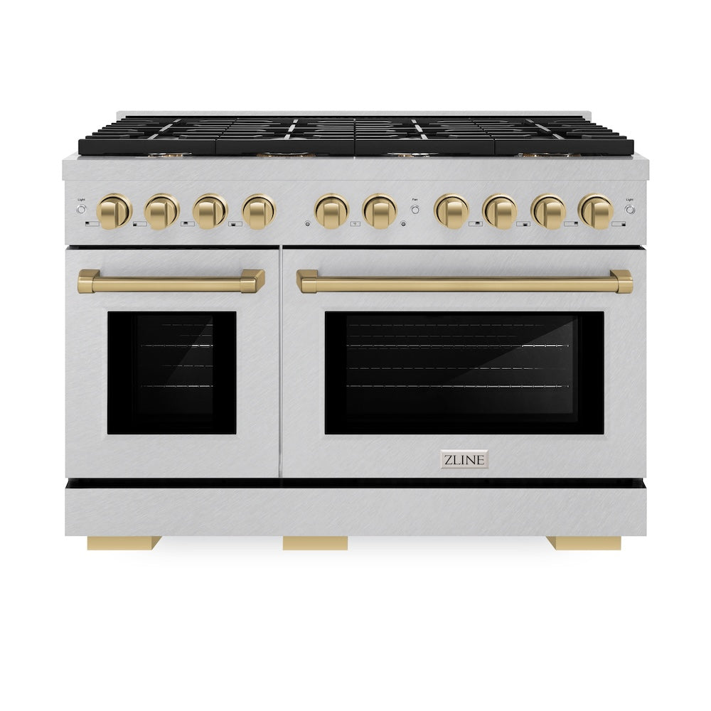 ZLINE Autograph Edition 48-Inch 6.7 cu. ft. Dual Fuel Range with 8-Burner Gas Cooktop - Satin Stainless Steel & Champagne Bronze Accents (SDRSZ 48 CB) - Perfect for Gourmet Cooking & Large Family Kitchens