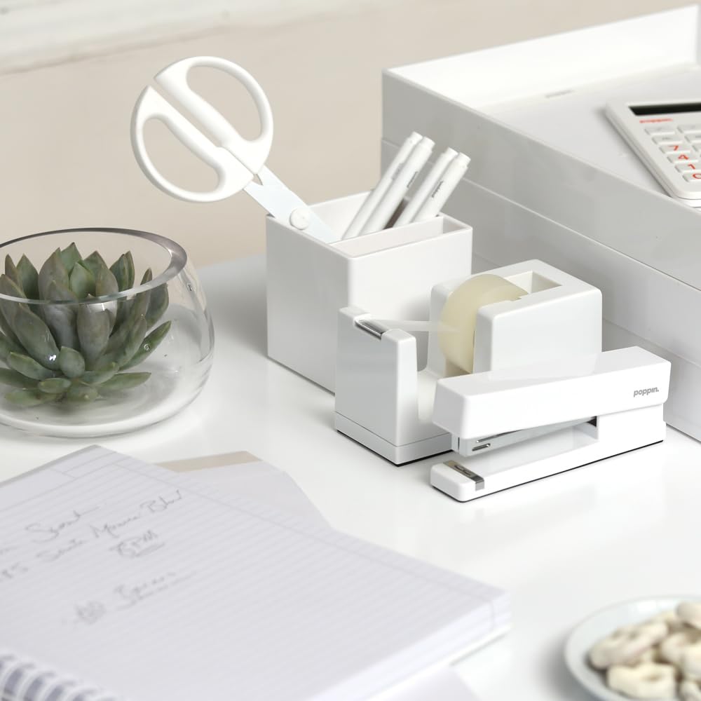 Poppin Desk Tape Dispenser - Non-Skid Weighted Base with Included Tape Roll (White) | Stylish Office Organizer for Home & Workspace