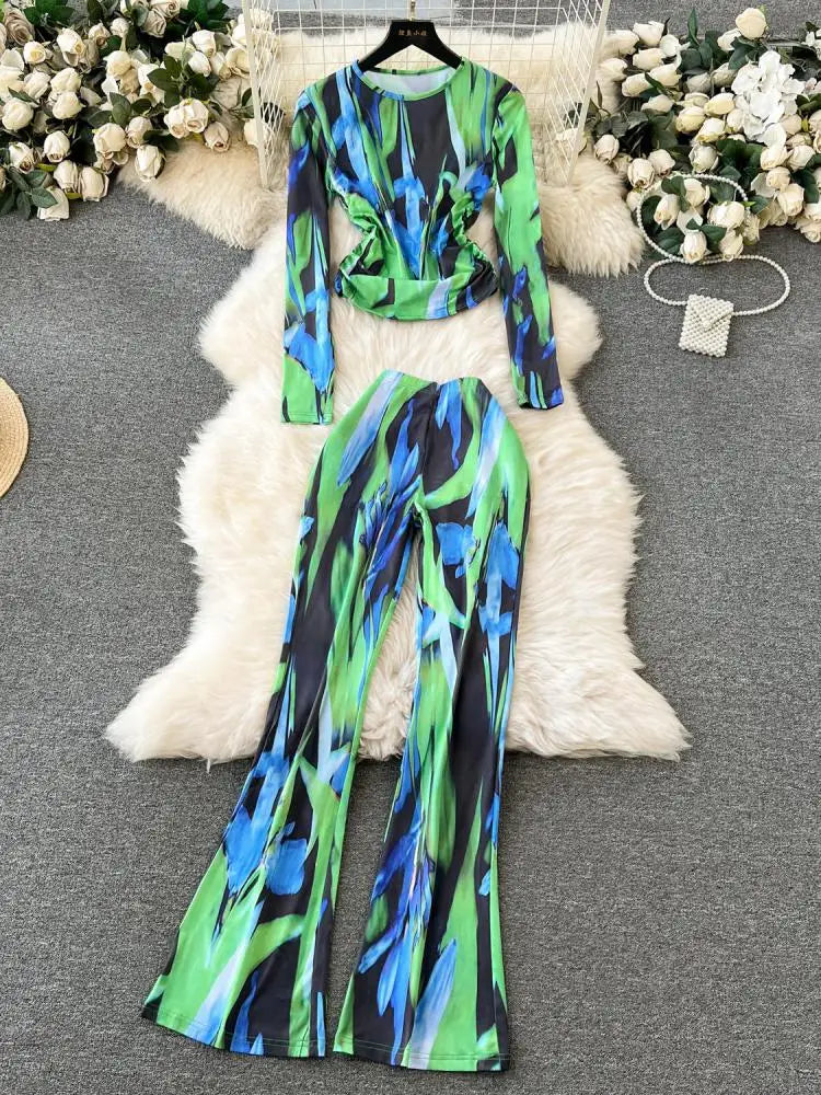 Y2K Fashion Women's Autumn Print Long Sleeve Round Neck Pleated Top + High Waist Straight Flare Pants Two-Piece Set | Trendy Outfit for Fall, Casual Wear, Street Style & Retro Fashion