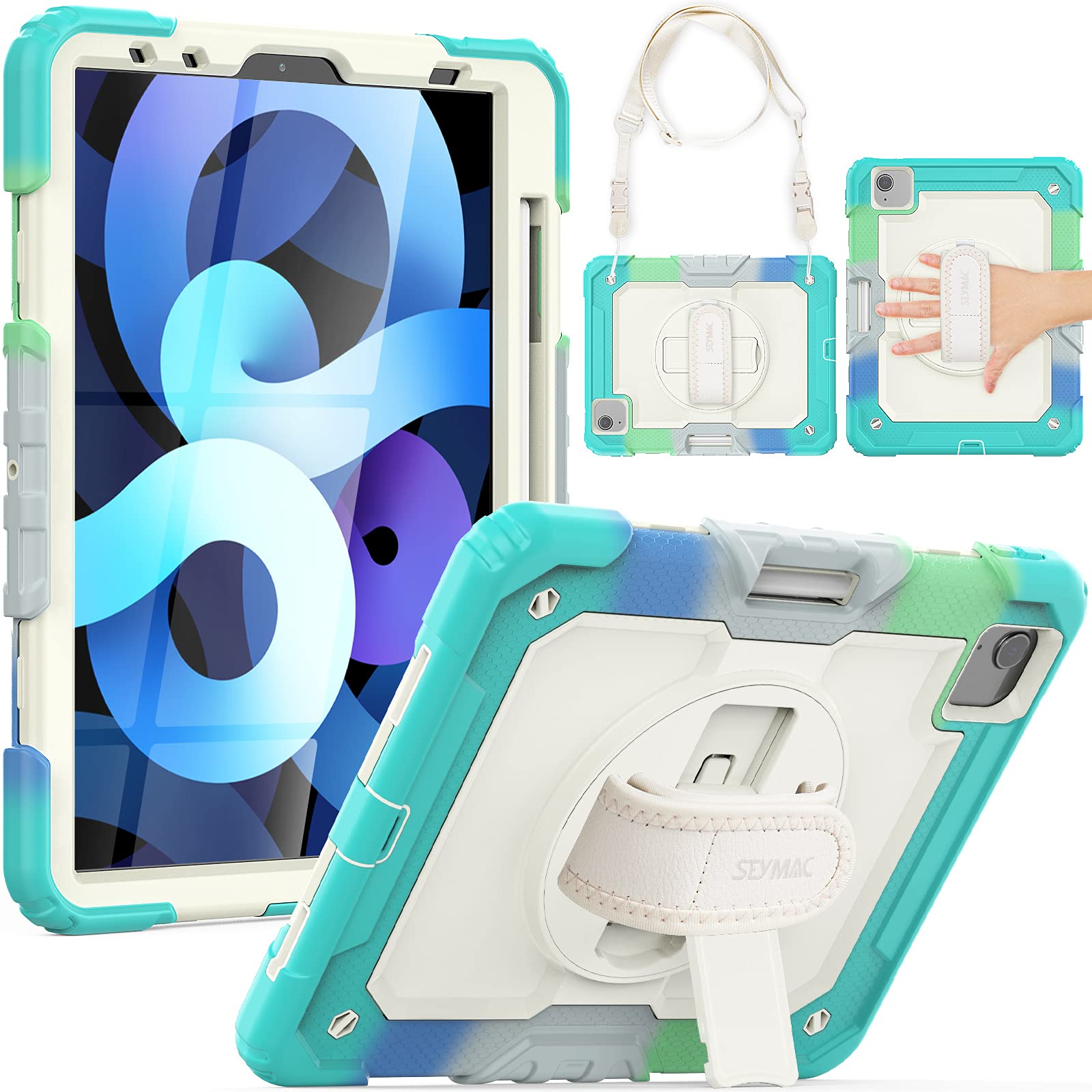 SEYMAC iPad Air 4th Generation Case (2020 Model) - Shockproof Protective Cover with Built-in Screen Protector, Hand Strap, Kickstand & Pencil Holder for iPad Air 10.9 & iPad Pro 11 (2020/2018) - Perfect for Work, Travel and Everyday Use