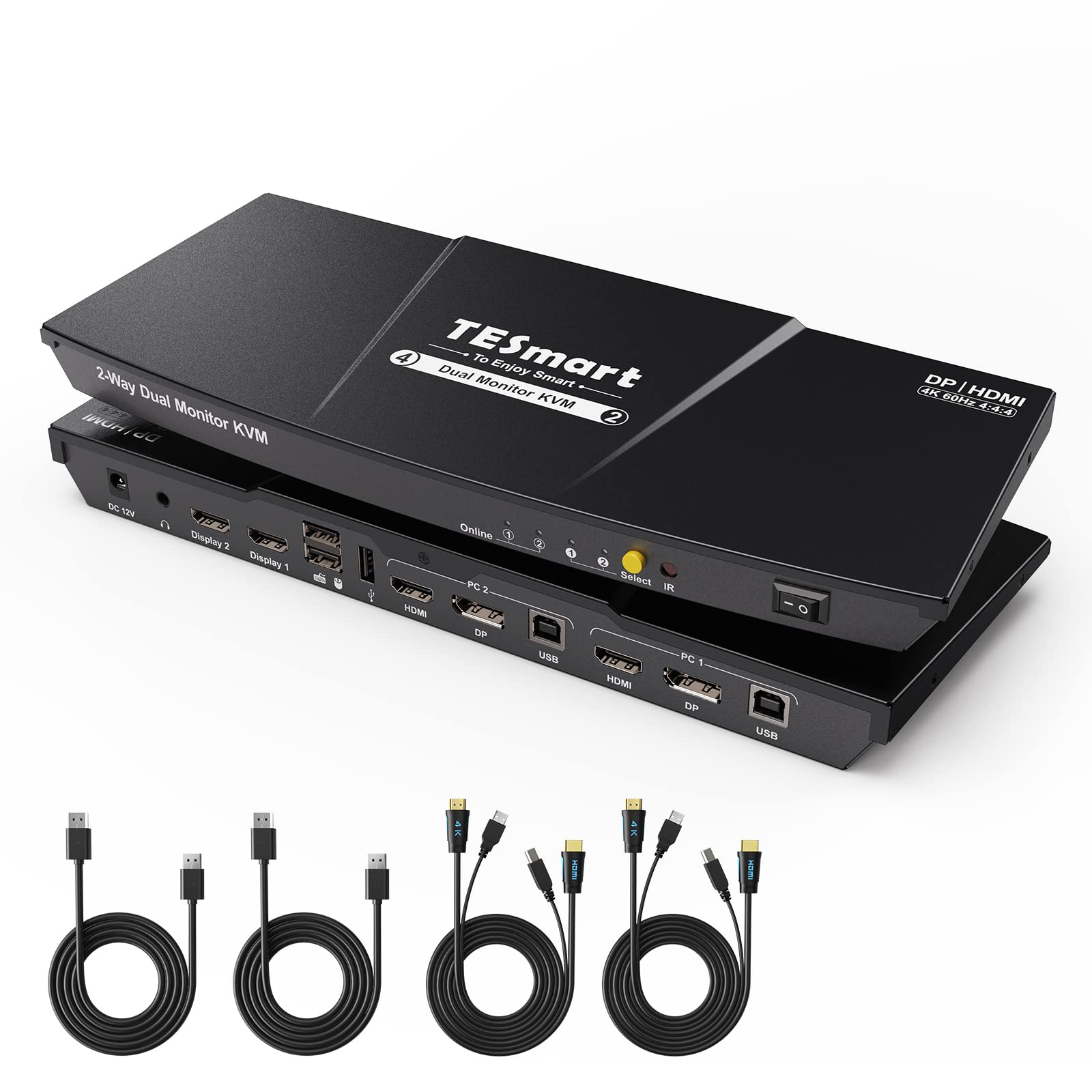 TESmart 4K60Hz Dual Monitor KVM Switch - 2 Computers 2 Monitors DisplayPort & HDMI with EDID Emulator, Audio Jack, Copy/Extend Modes | Enhanced Keyboard & Mouse Compatibility | Perfect for Home Office, Gaming Setup & Multi-Tasking Workstations