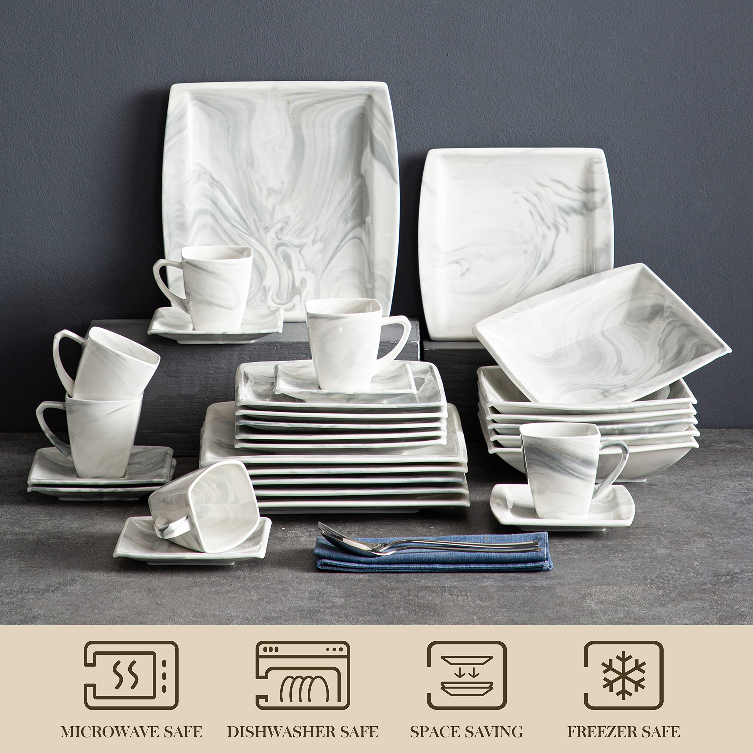 MALACASA 60-Piece Porcelain Dinnerware Set for 12 - Square Marble Plates, Bowls, Cups & Saucers - Modern White Dishware Set for Formal Dining, Restaurant, Wedding & Home Decor