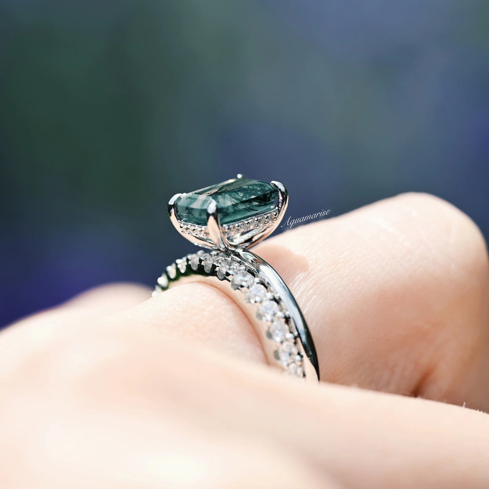 Hidden Halo Moss Agate Engagement Ring Set in Sterling Silver - Elegant Wedding Band for Women, Perfect for Proposals, Anniversaries & Romantic Occasions