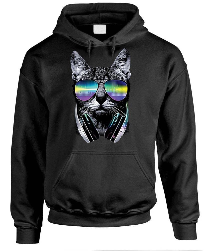 NEON DJ CAT with Headphones & Sunglasses - Fleece Pullover Hoodie for Music Festivals, Rave Parties & Streetwear Fashion