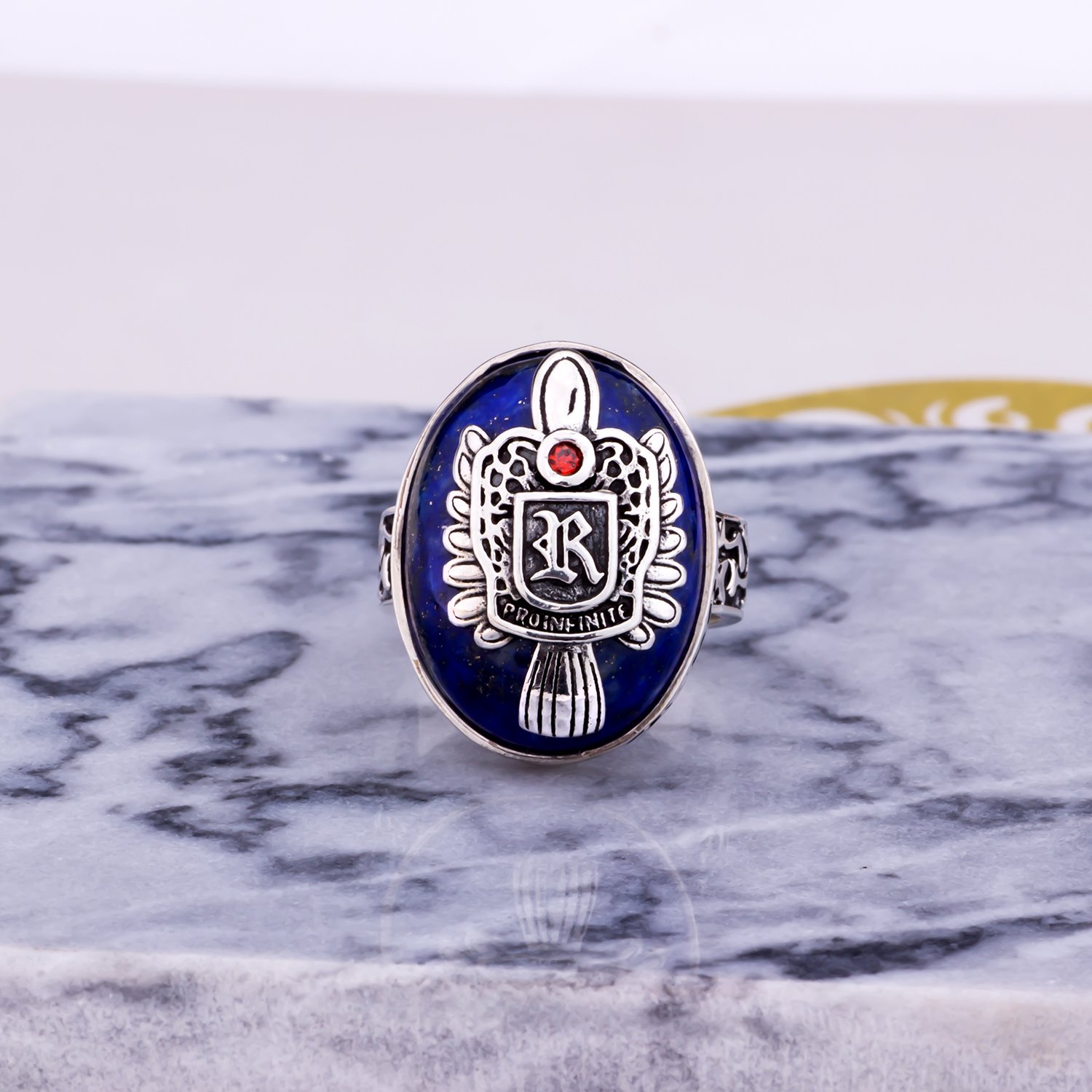 Vampire Diaries Inspired Lapis Lazuli Ring - 925 Sterling Silver Punk Jewelry for Men - Handmade Gothic Style Statement Ring for Cosplay, Gift Giving & Alternative Fashion