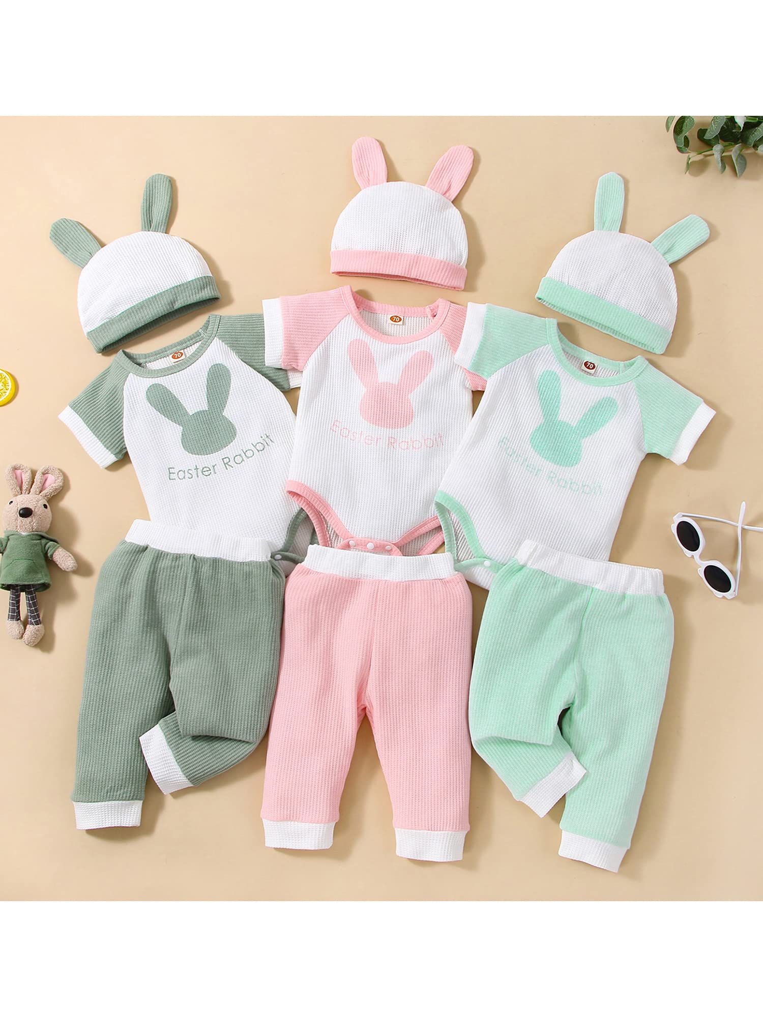 3Pcs Newborn Baby Boys Easter Bunny Outfit Set - My First Easter Printed Short Sleeve Romper with Pants & Bunny Ear Hat | Perfect for Easter Photo Shoots, Spring Celebrations & Holiday Family Gatherings