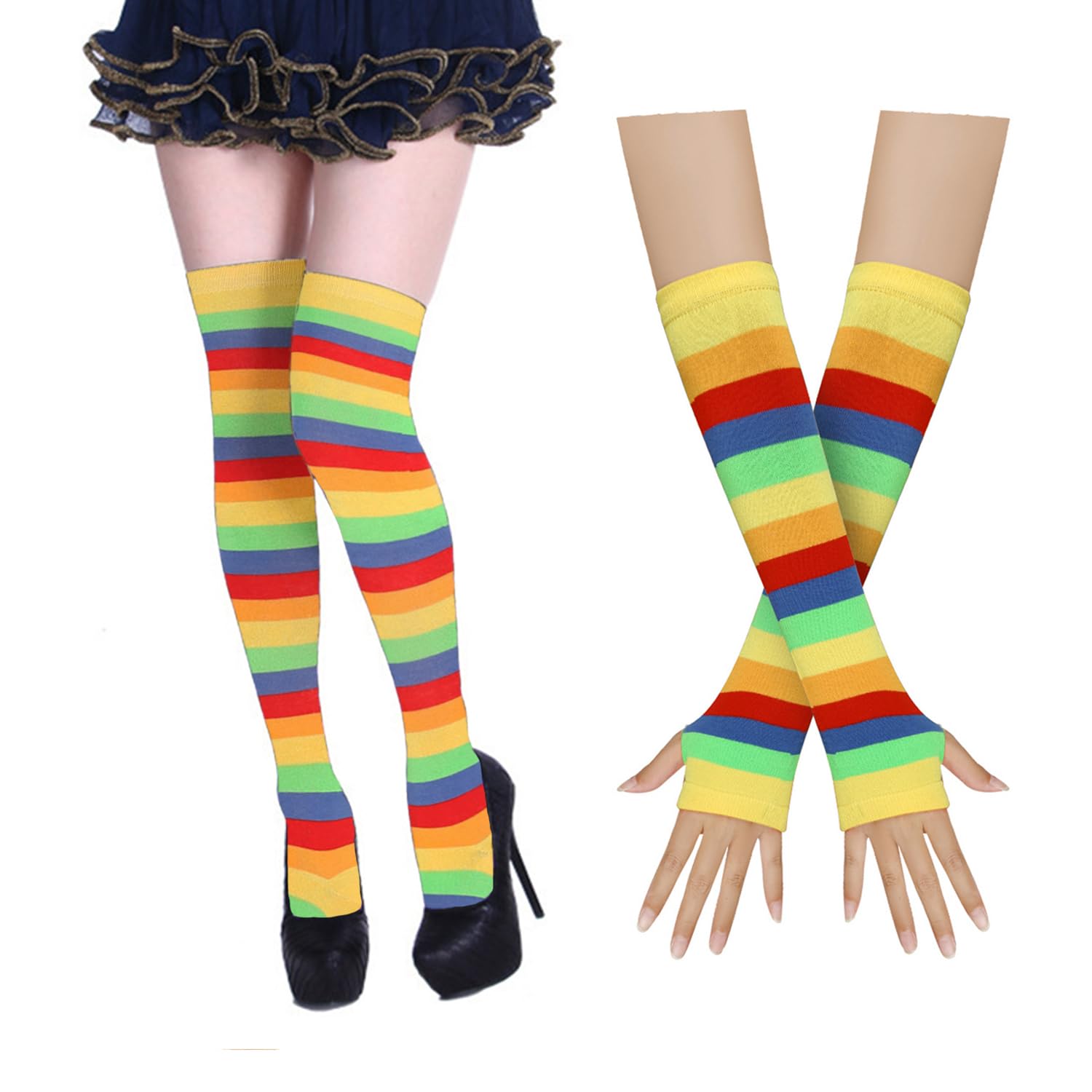 Benefeet Women's Striped Thigh High Socks & Arm Warmers Set with Fingerless Gloves - Over Knee High Stockings for Halloween Costumes, Cosplay, and Winter Fashion