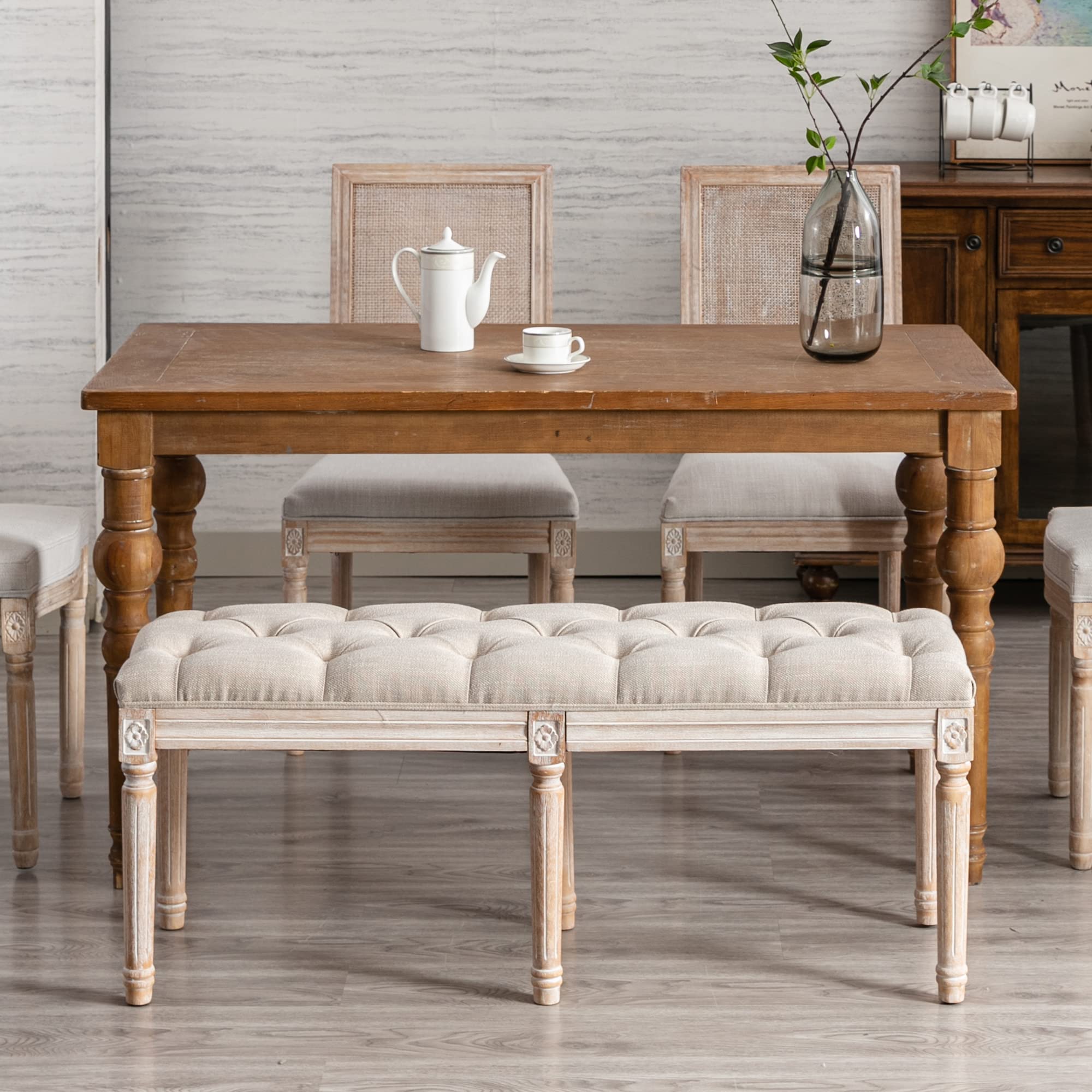 Fabric Upholstered Dining Bench with Rustic Wood Legs - Classic Entryway Ottoman & Bedroom Bench in Beige - Perfect for Farmhouse Dining Rooms, Hallway Seating & Cozy Bedroom Decor