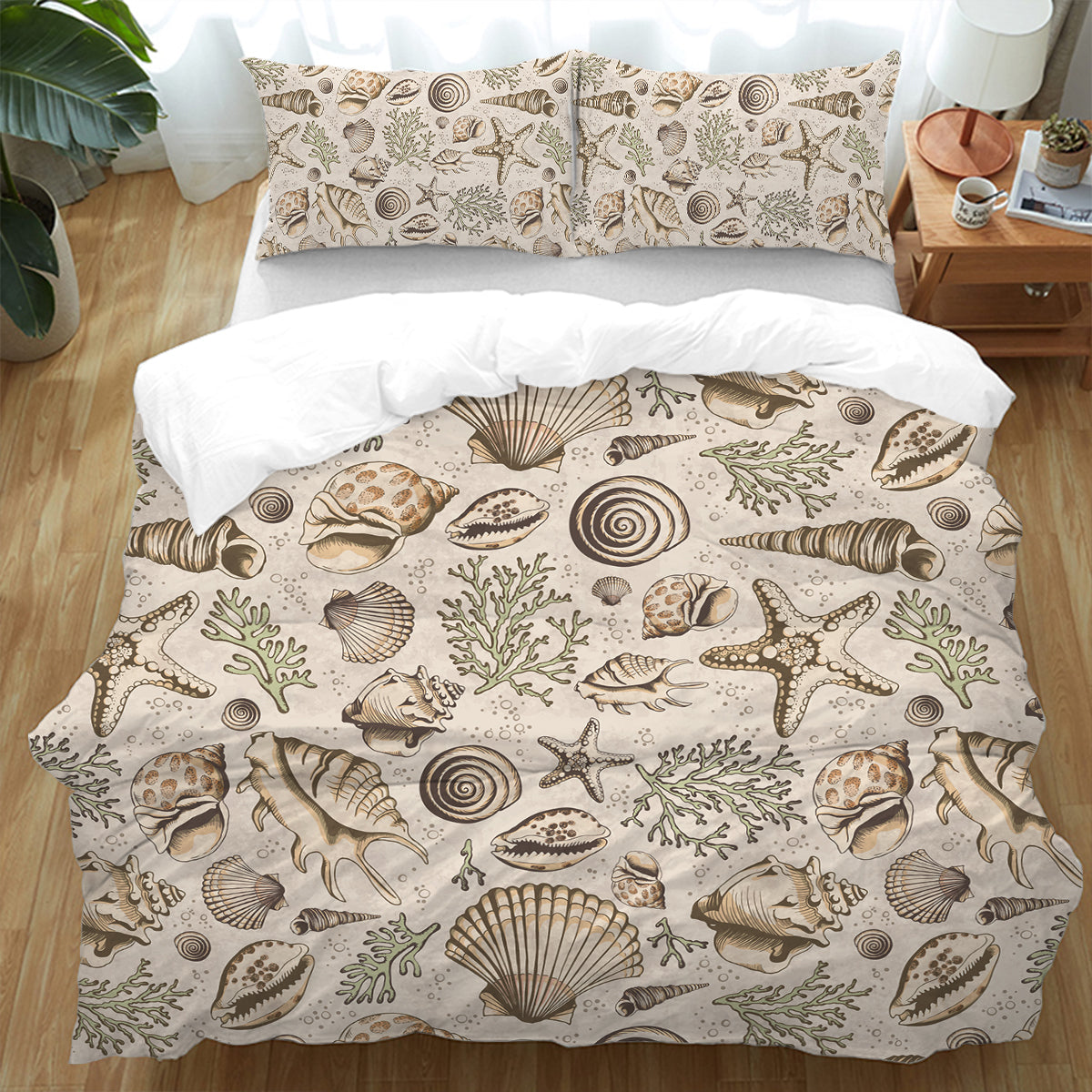 Premium Brown Seashells Bedding Set - Soft Queen Size 4-Piece Comforter Set with Pillowcases - Coastal Beach Theme Bedroom Decor for Summer & Vacation Homes
