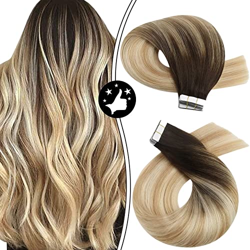 Premium 22-Inch Tape in Hair Extensions - 100% Human Remy Hair, Dark Brown to Blonde Balayage Highlights, Brazilian Straight Tape-On Extensions with Thick Ends (50g) - Perfect for Weddings, Parties & Everyday Volume Boost