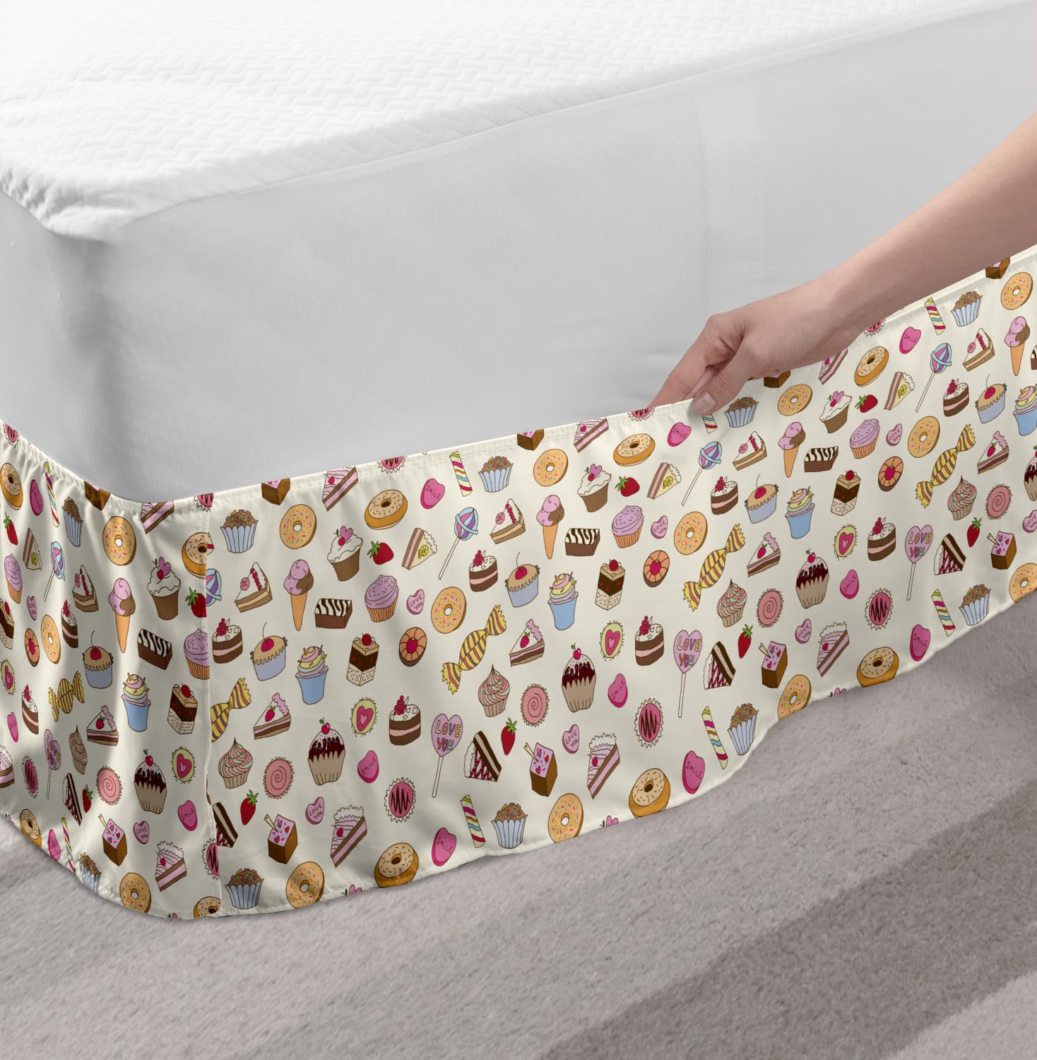 Ambesonne Dessert Bed Skirt - Candy & Chocolate Pattern, Queen Size for Sweet Bedroom Decor