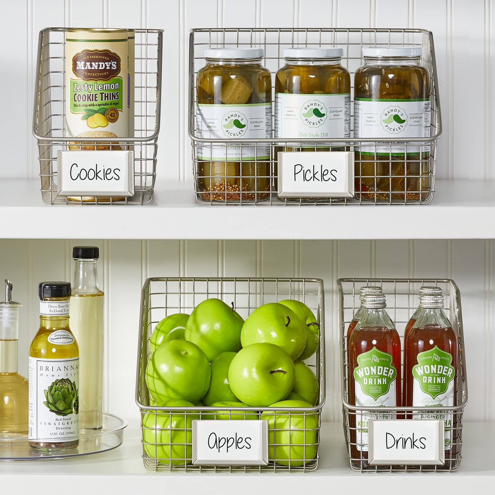 mDesign Slanted Metal Kitchen Food Storage Organizer Bin Basket with Label Slot - Cabinet, Countertop & Pantry Organizer for Produce, Fruits & Vegetables | Omaha Collection, 2-Pack, Satin Finish | Perfect for Kitchen Organization & Decluttering