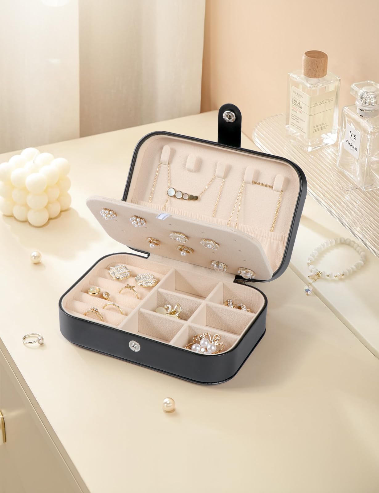 Upgraded Travel Jewelry Organizer Box for Women - PU Leather Portable Jewelry Case with Necklace, Ring, Earring & Bracelet Storage - Perfect for Vacation, Business Trips & Daily Use (Black)