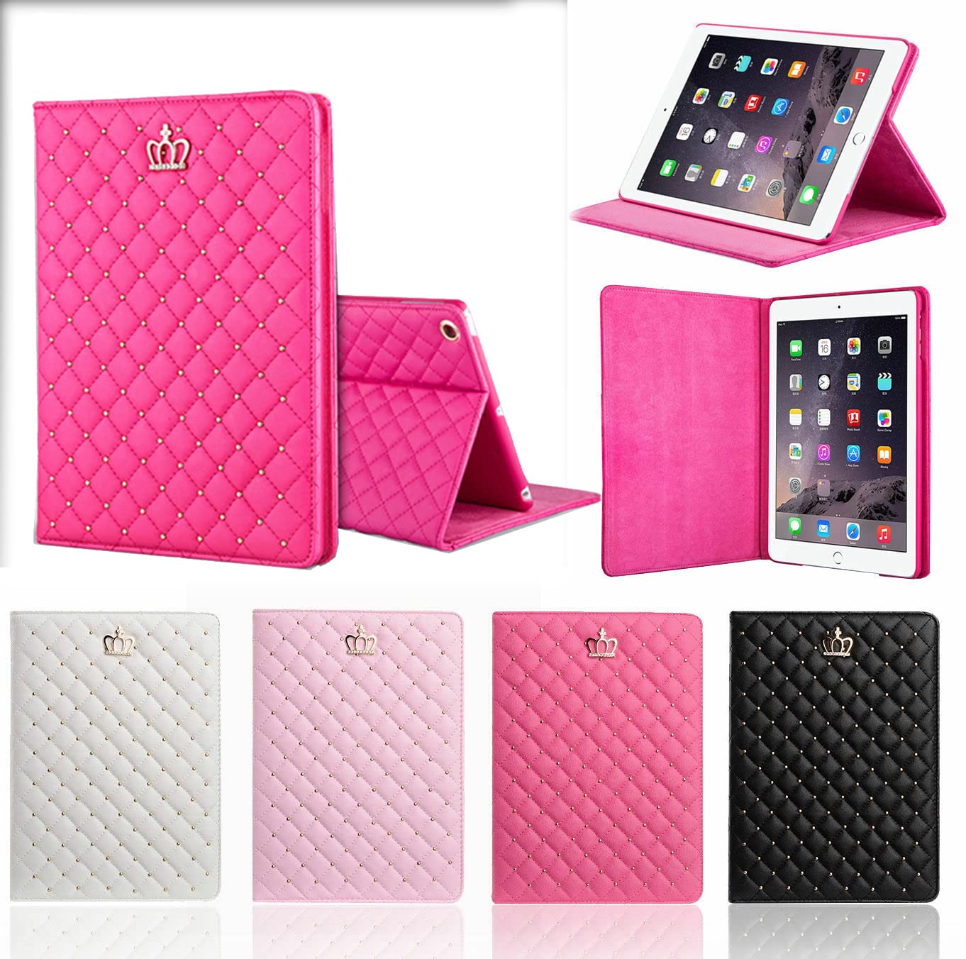 Topwin Bling Crystal iPad Case for iPad 9.7 (2018/2017), iPad Air 2/1 - Elegant PU Leather Smart Cover with Auto Sleep/Wake, Shockproof Stand Case for iPad 5th/6th Gen (Pink, No Buckle) - Perfect for Work, School & Travel Protection
