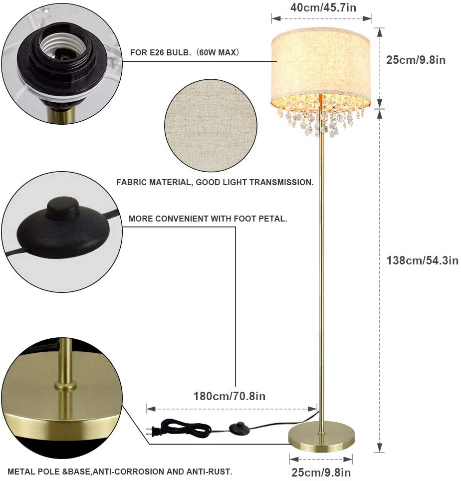 DLLT Modern LED Floor Lamp with Crystal Accents - Elegant Standing Light for Living Room, Bedroom & Study - Mid Century & Farmhouse Style - Adjustable Tall Pole with Fabric Drum Shade - Brass Finish - Perfect for Reading, Relaxing & Home Decor