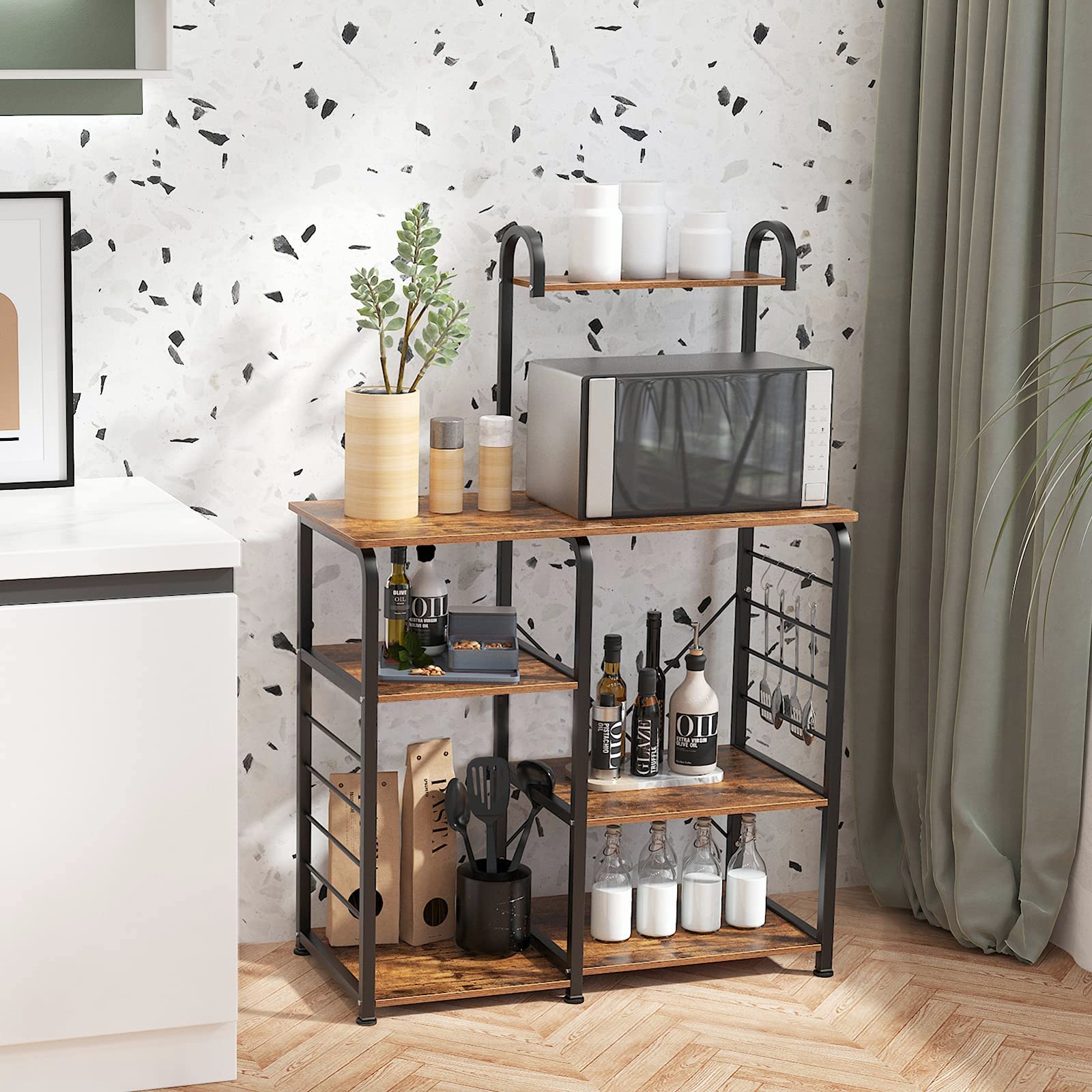SOGES Microwave Cart Stand with Storage Shelves - Multi-Functional Kitchen Baker's Rack Utility Cart, Workstation Shelf for Baking, Spice Rack Organizer - Perfect for Small Kitchen, Apartment, Dorm (Brown)