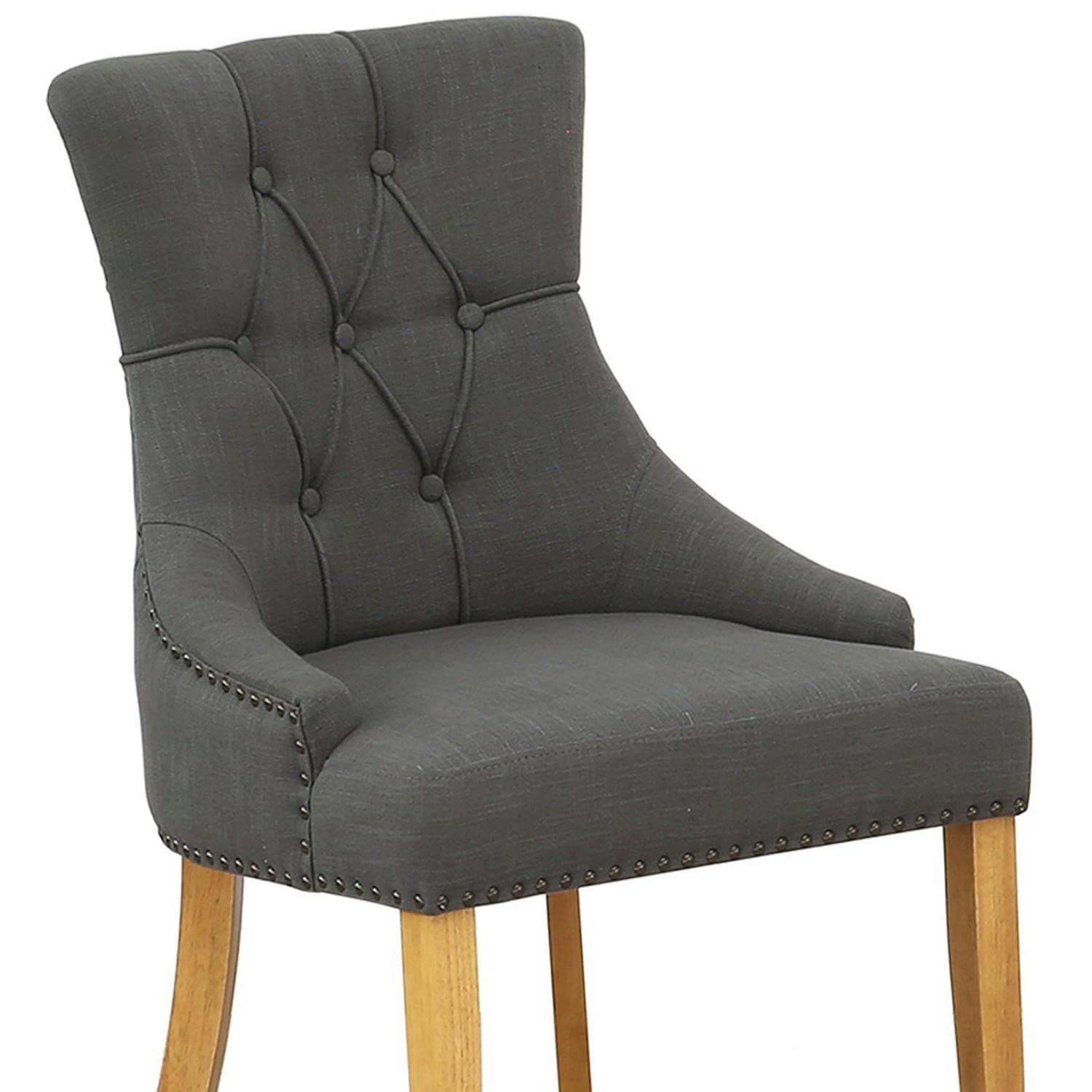 East West Furniture FRP4T20 Friona Parson Dining Room Chairs Set of 2 - Dark Gotham Linen Upholstered, Button Tufted with Nailhead Trim, Solid Oak Frame - Perfect for Formal Dining Rooms, Kitchen Tables & Elegant Home Decor