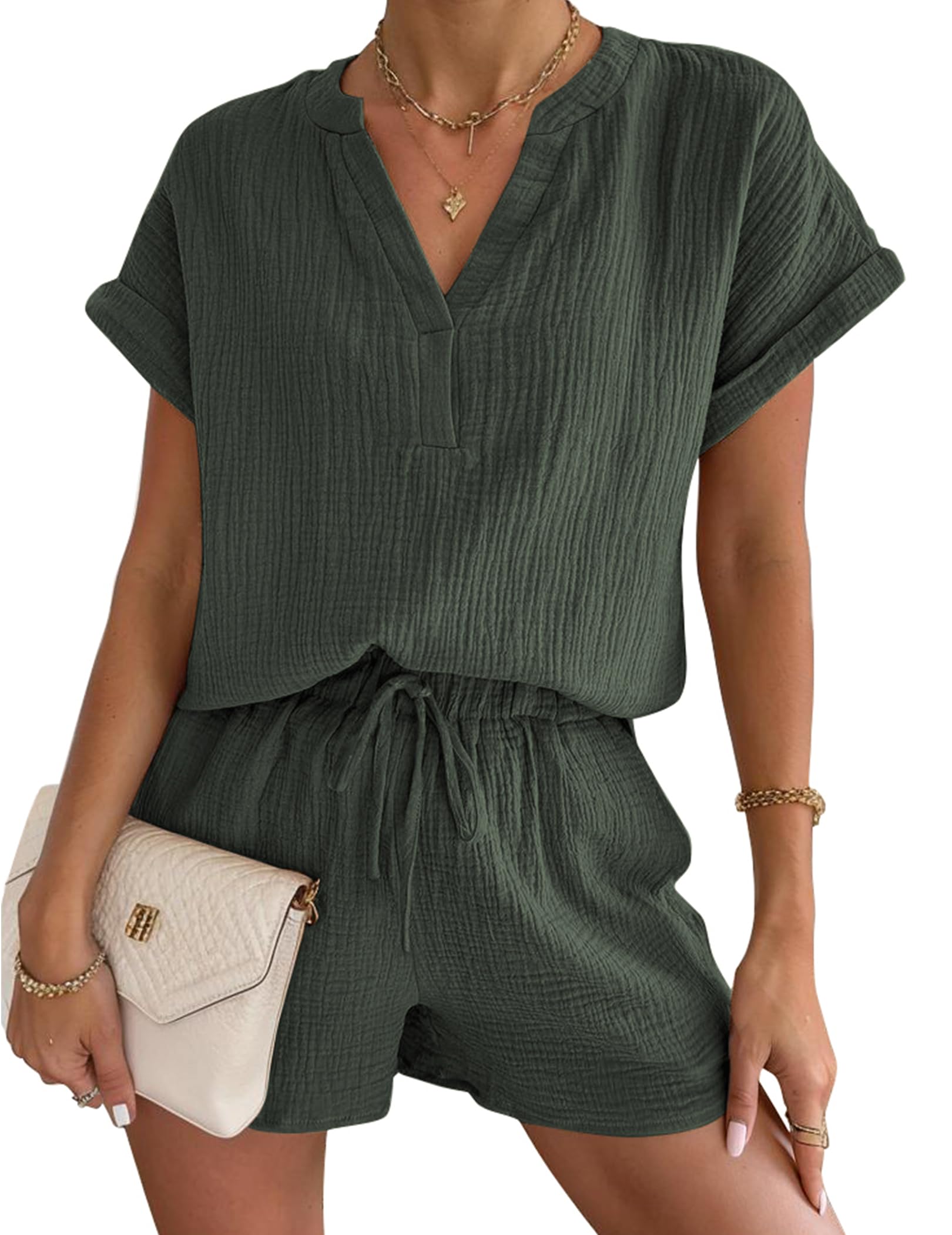 Andeip Women's 2-Piece Lounge Pajama Set - Summer Shorts & Oversized Top with Pockets | Soft Crepe Texture Comfy Loungewear | Perfect for Sleepwear, Relaxing at Home & Vacation Outfits