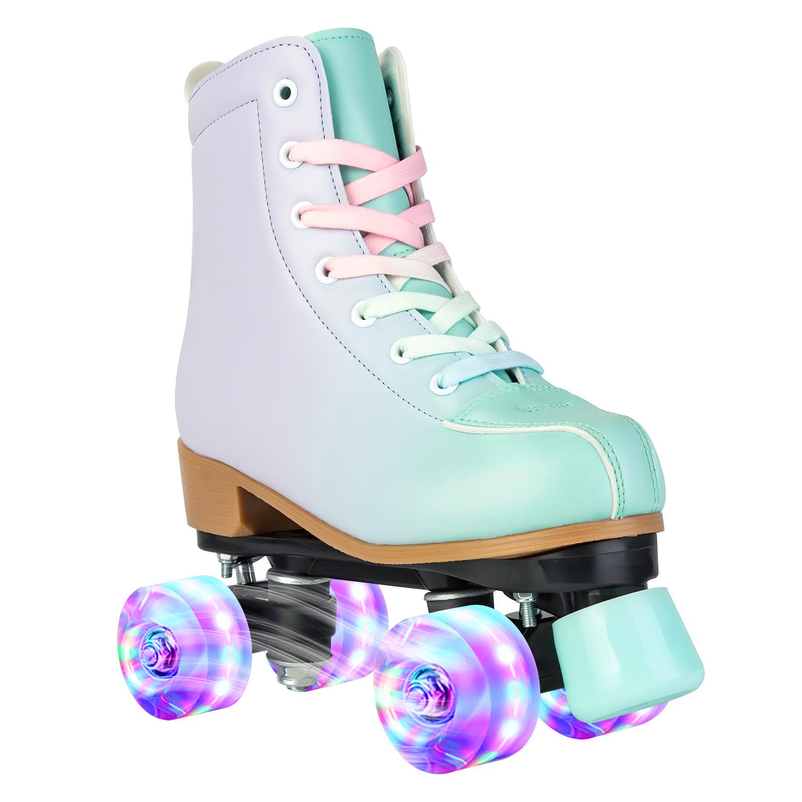 PU Leather Gradient Green & Purple Roller Skates with LED Flash Wheels for Girls & Women - Indoor & Outdoor Skates for Youth Beginners Ages 8-12 - Perfect for Rink, Park, Street Skating & Birthday Gifts