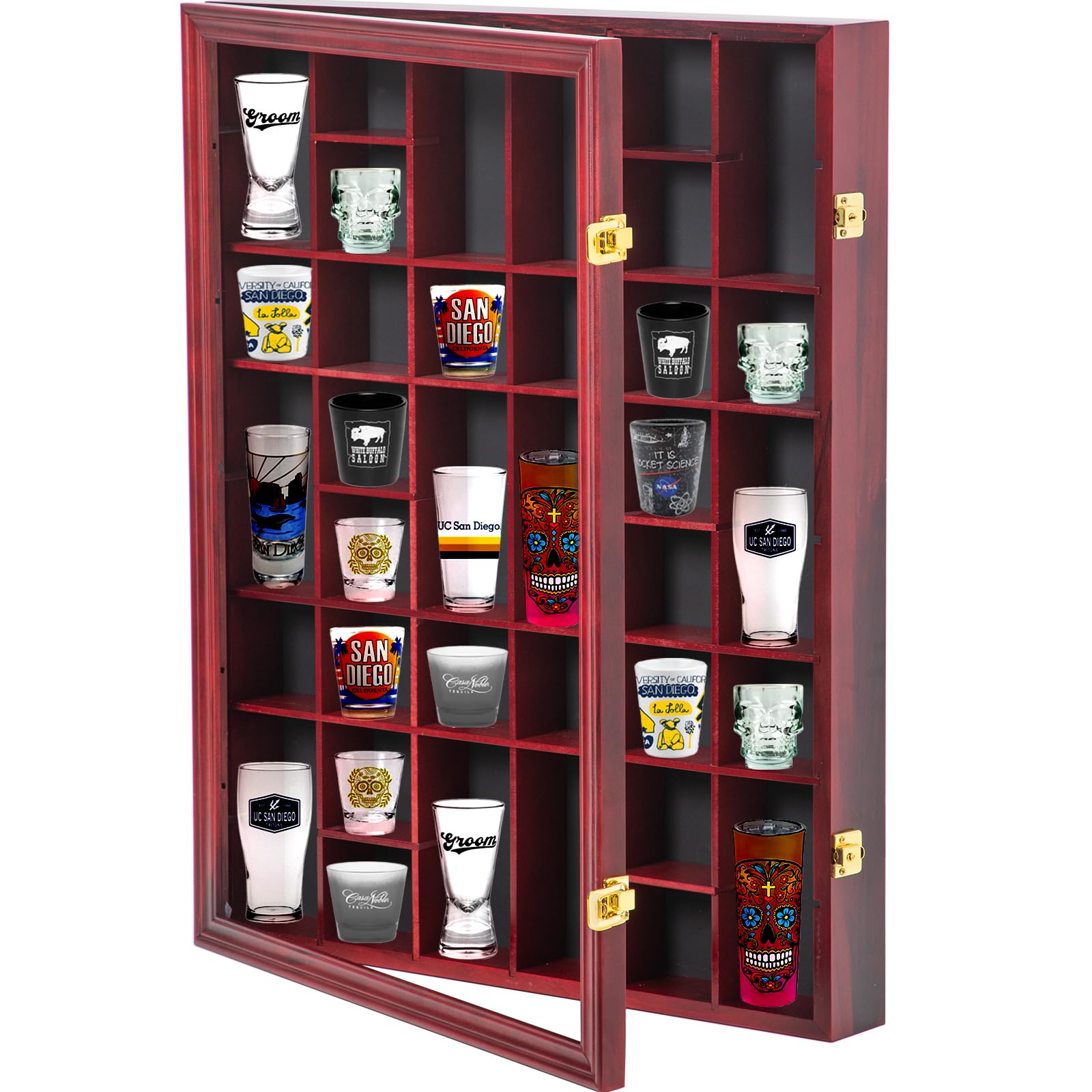 Furnishh 36-Slot Lockable Shot Glass Display Case - Solid Wood Wall Mounted Cabinet with Removable Shelves, Mahogany Finish (18