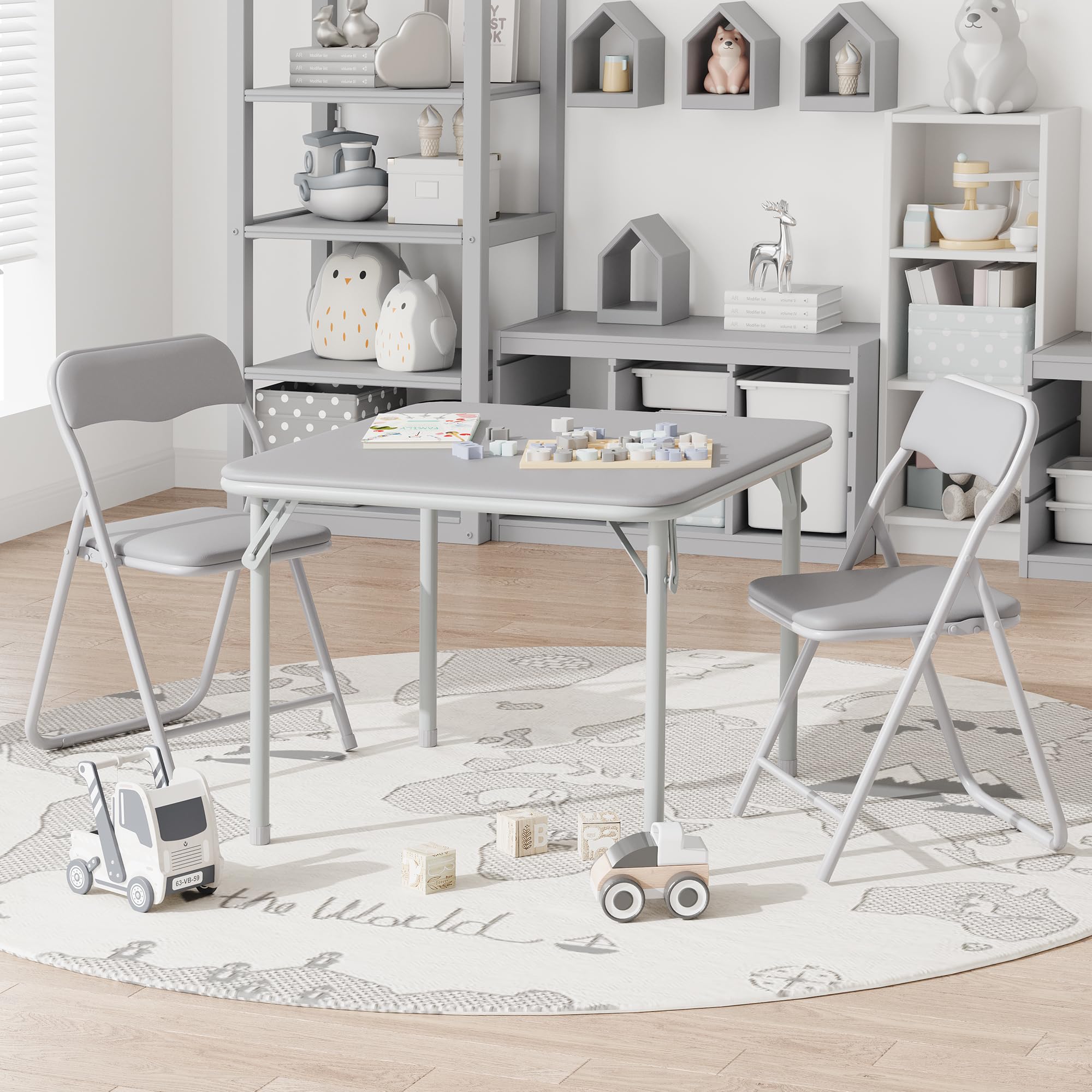 GAOMON 3-Piece Kids Folding Table and Chairs Set with PU Soft Cushion - Portable Children's Furniture for Eating, Studying & Playtime - Perfect for Playroom, Classroom or Outdoor Use - Grey