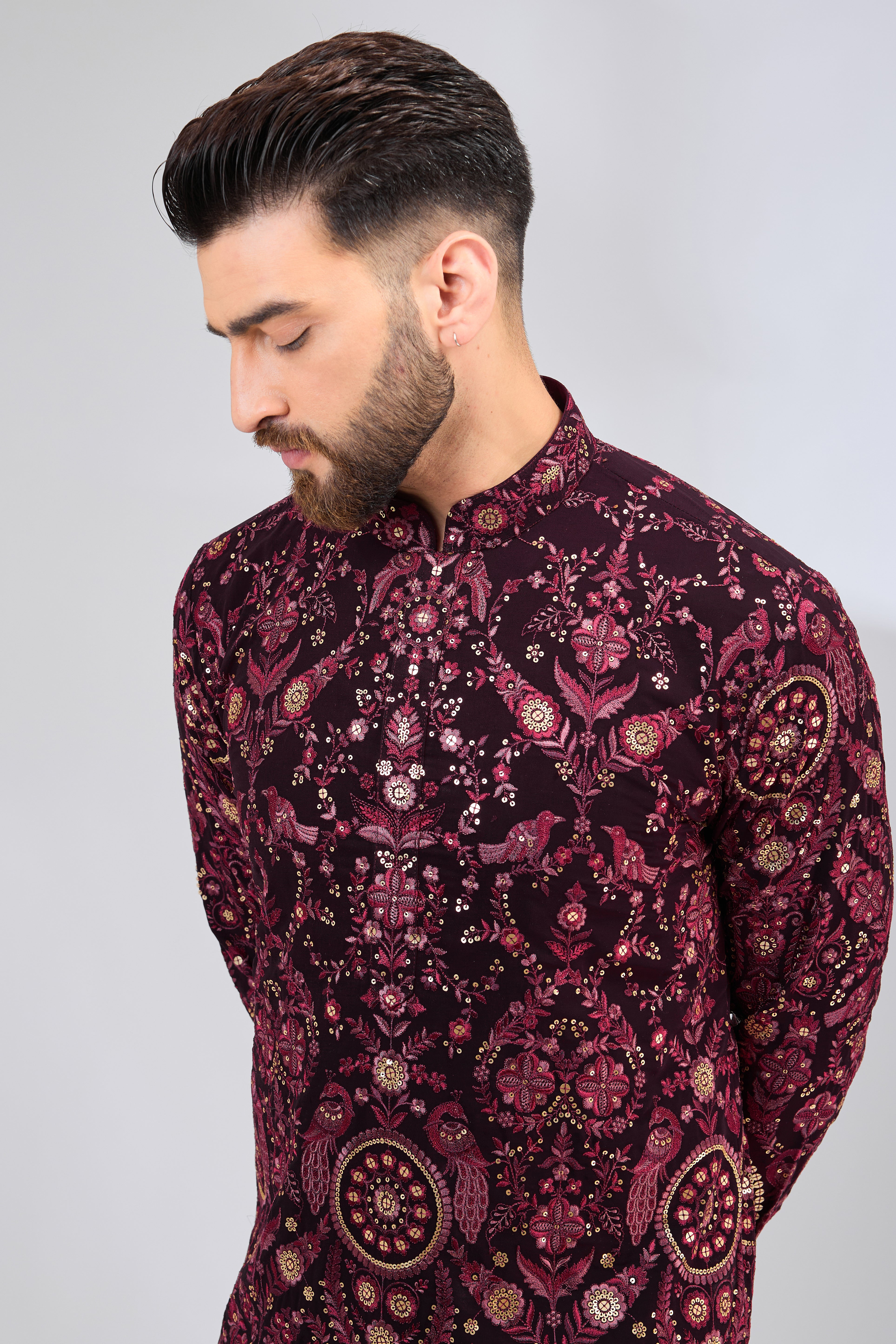 Exquisite Maroon Embroidered Kurta with Intricate Floral & Fauna Designs - Perfect for Festivals, Weddings & Special Occasions