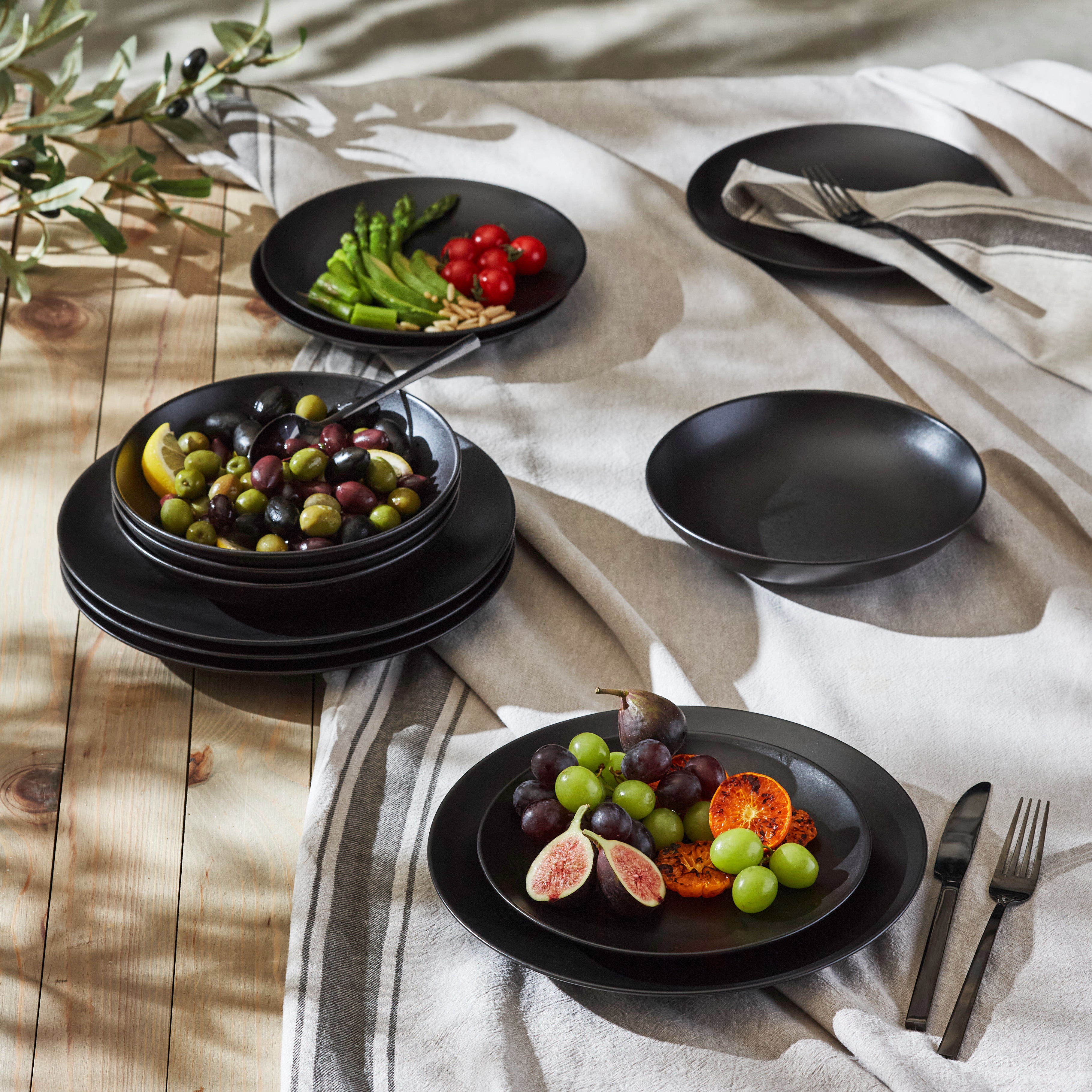 Premium Black Matte Stoneware Dinnerware Set - Handcrafted in Portugal - Elegant 16-Piece Set for Everyday Dining & Entertaining