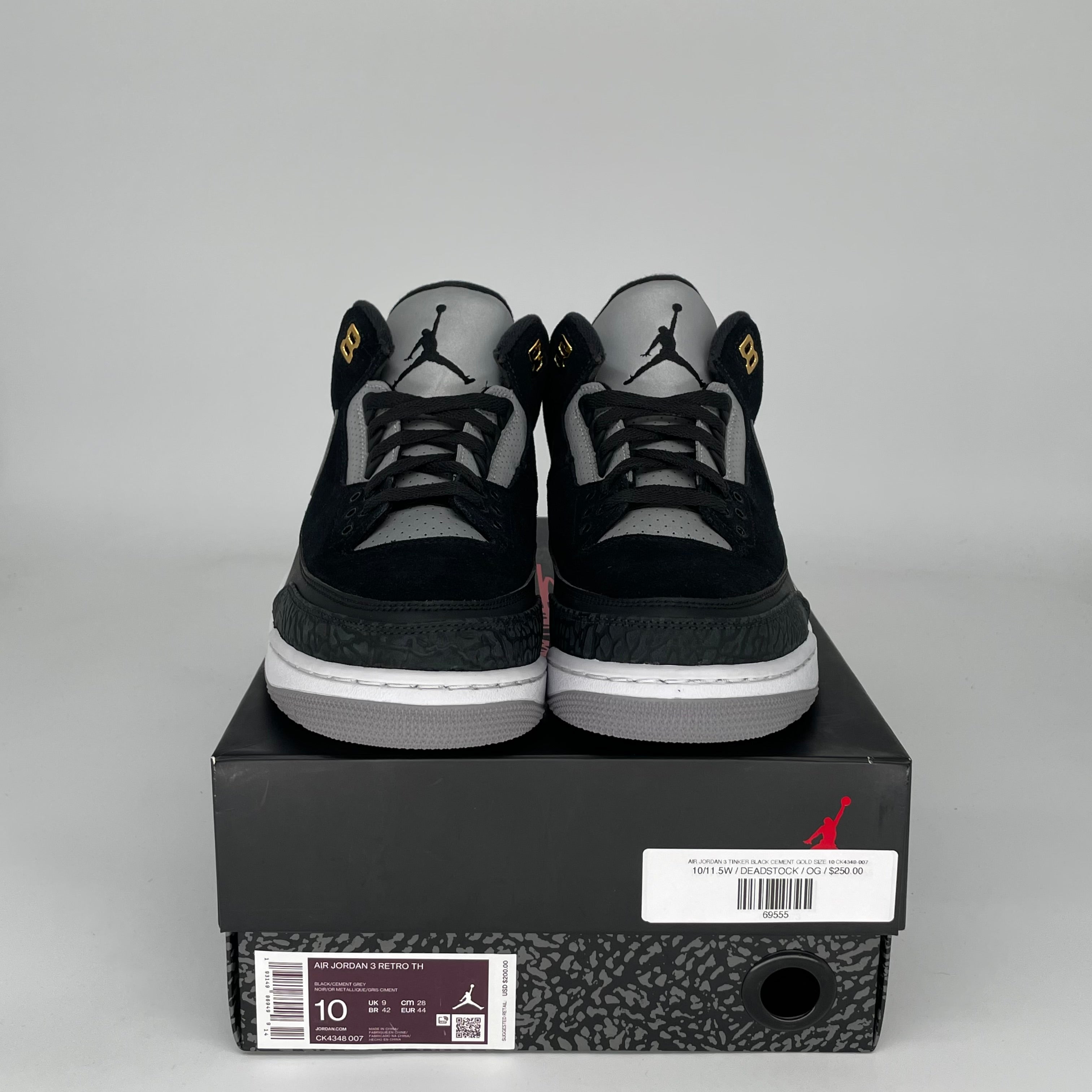 Original Air Jordan 3 Tinker Black Cement Gold Men's Basketball Shoes Size 10 CK4348-007 - Retro Sneakers for Streetwear & Casual Outfits