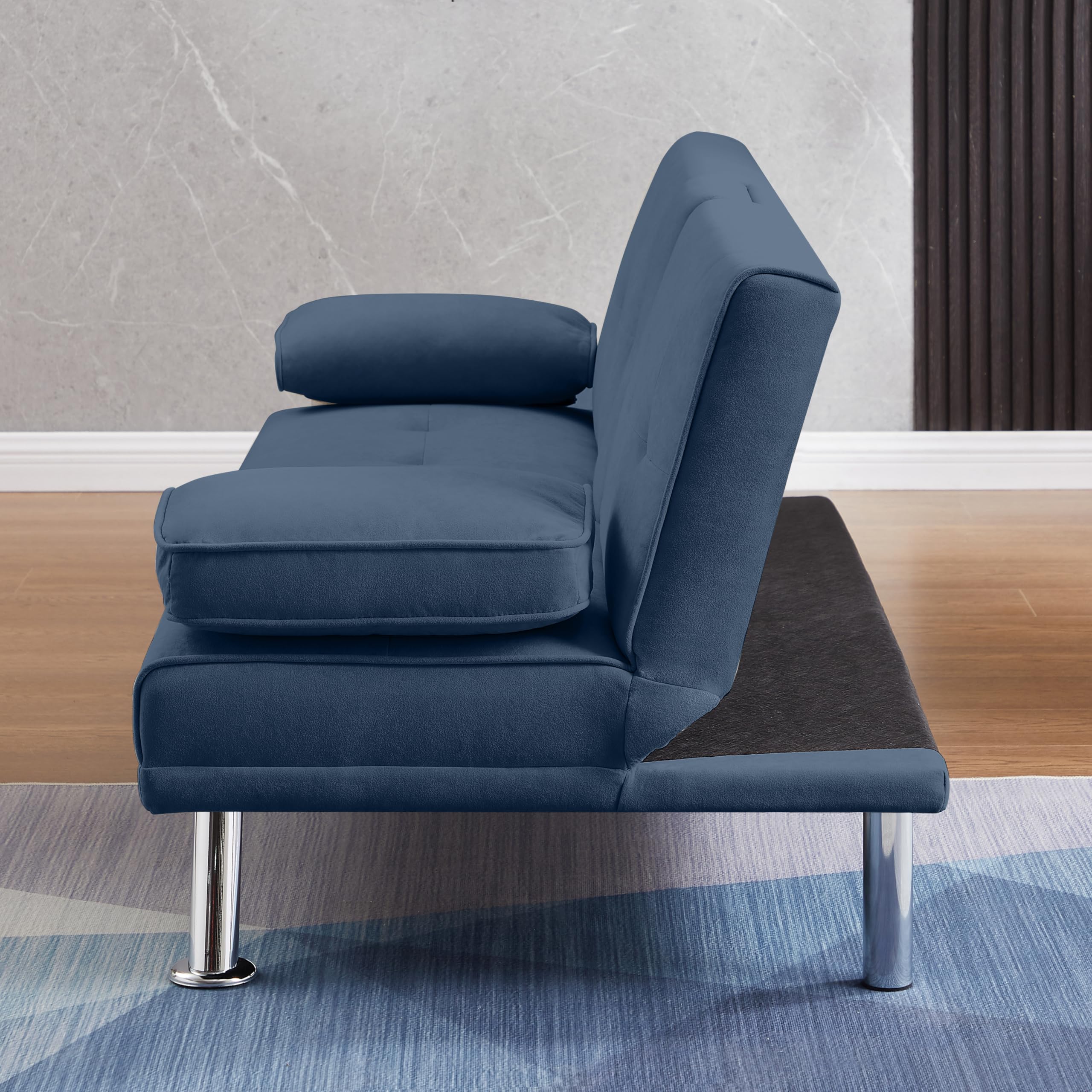 Velvet Folding Futon Sofa Bed - Adjustable Couch Sleeper with Stainless Steel Frame & Cup Holders for Living Room, Guest Room - Dark Blue Removable Armrests - Perfect for Small Spaces & Overnight Guests