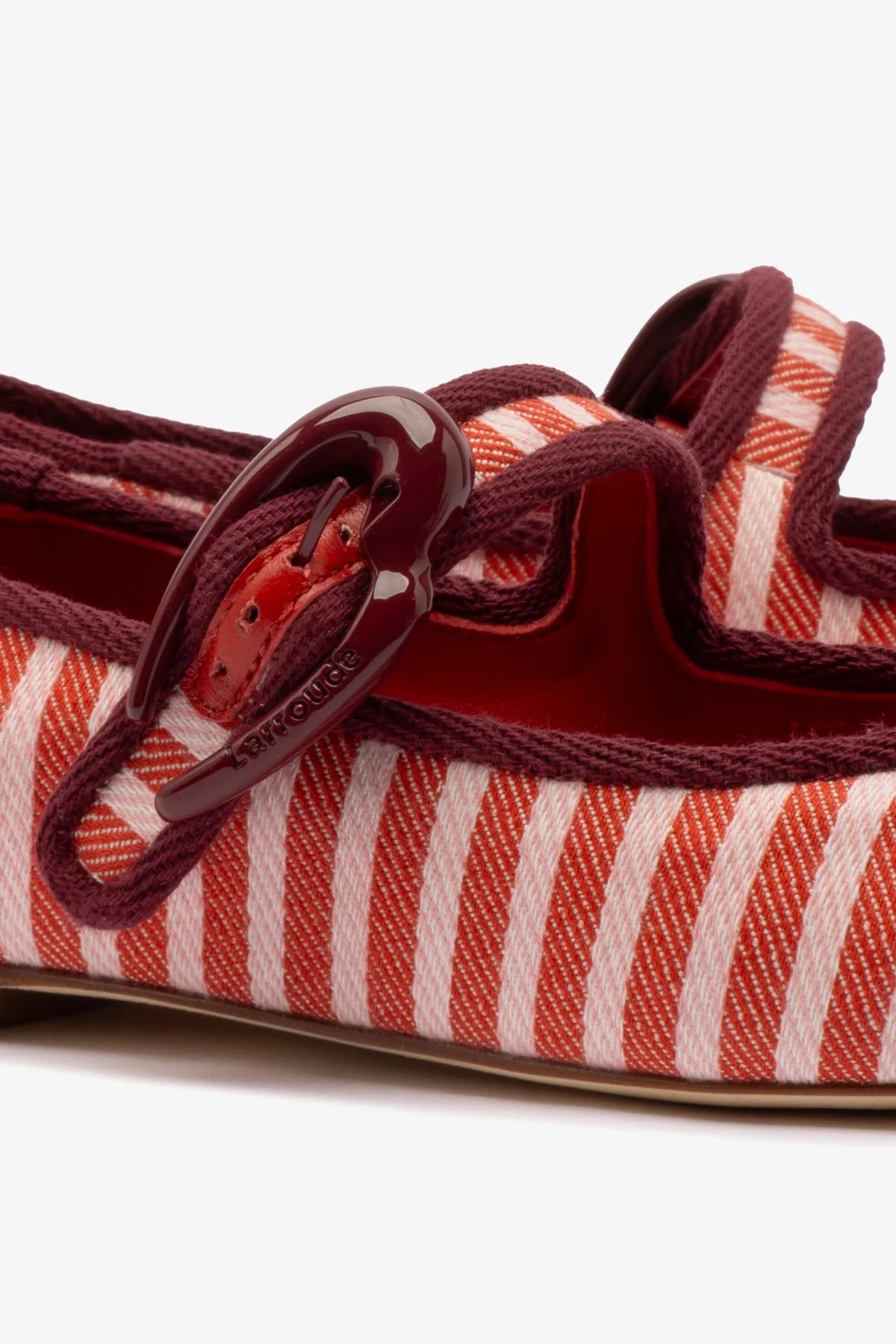 Verona Ballet Flats for Women - Tulip & Carmine Striped Fabric with Burgundy Trimming | Comfortable Casual Shoes for Work, Walking & Everyday Wear