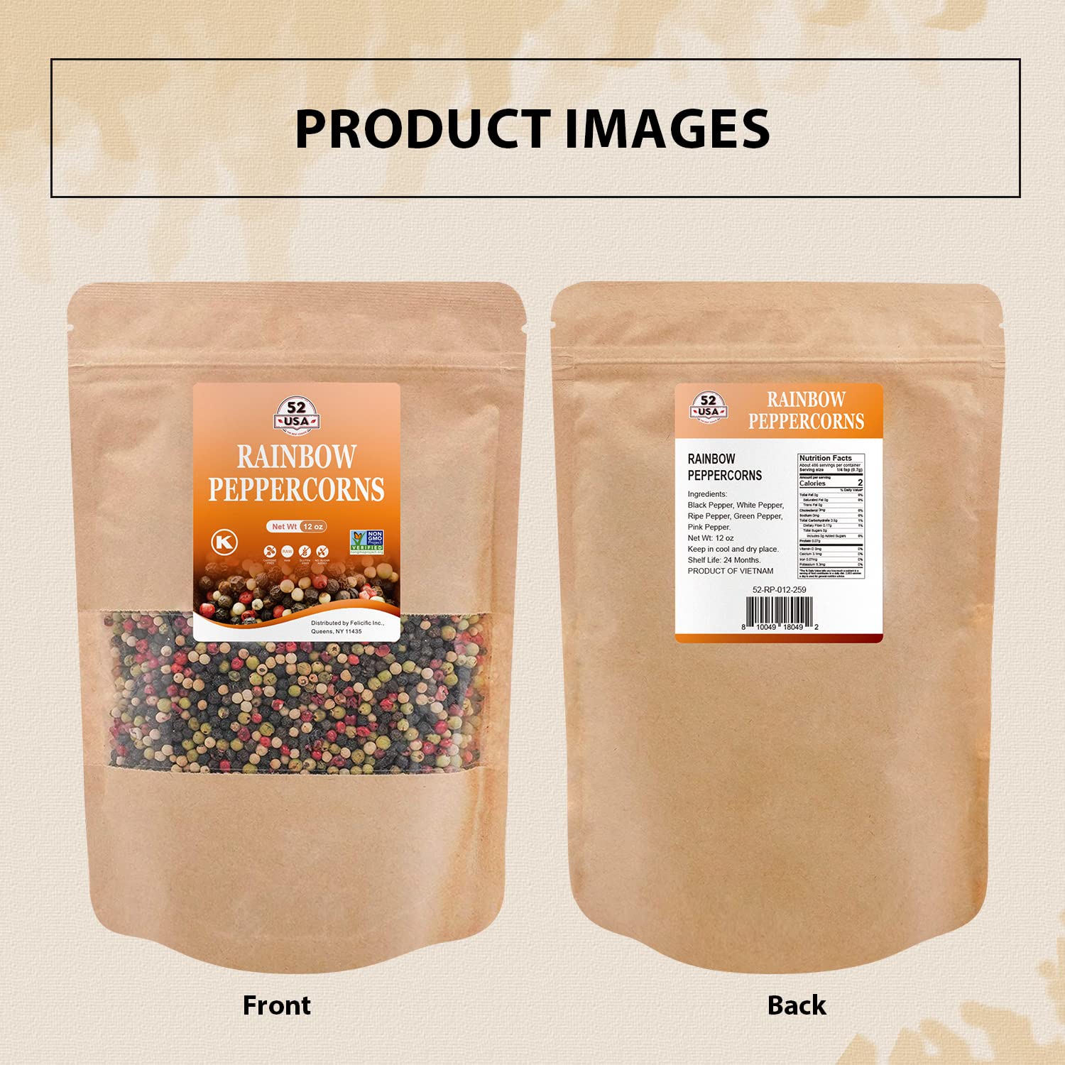 52USA Rainbow Peppercorns Blend - 12oz Whole White, Red & Black Peppercorns for Grinder Refill | Premium Mixed Peppercorn Seasoning for Steak, Salad & Gourmet Cooking