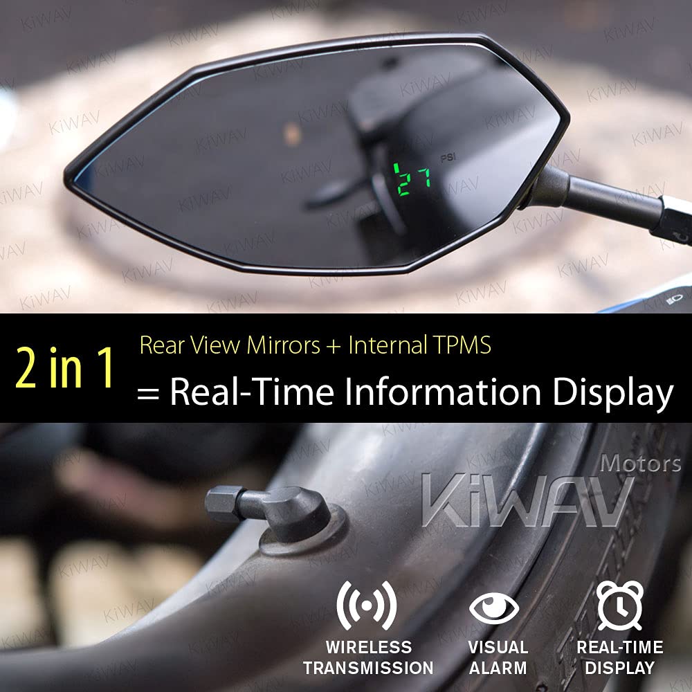 KiWAV Motorcycle TPMS Internal Sensor with Rearview Mirror - Real-Time Tire Pressure Monitoring System for M10/M8 Valve - Perfect for Long Rides & Off-Road Adventures