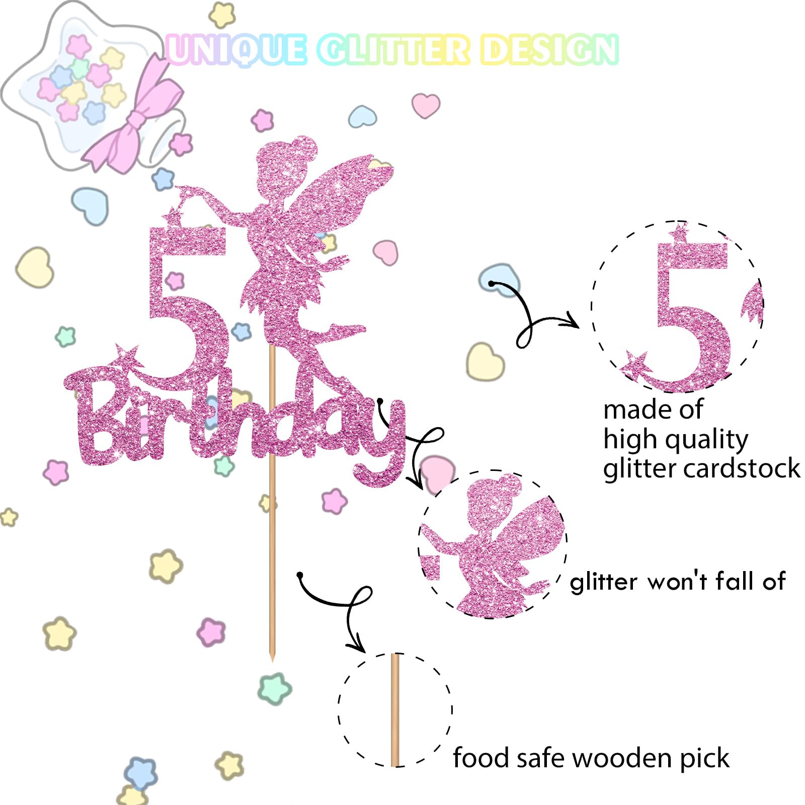 Fairy Happy 5th Birthday Cake Topper - Pink Glitter Fairy Five Cake Decoration for Girls | 5 Years Old Birthday Party Supplies | Perfect for Fairy Garden Themed Celebrations, Birthday Cakes & Kids Party Decorations