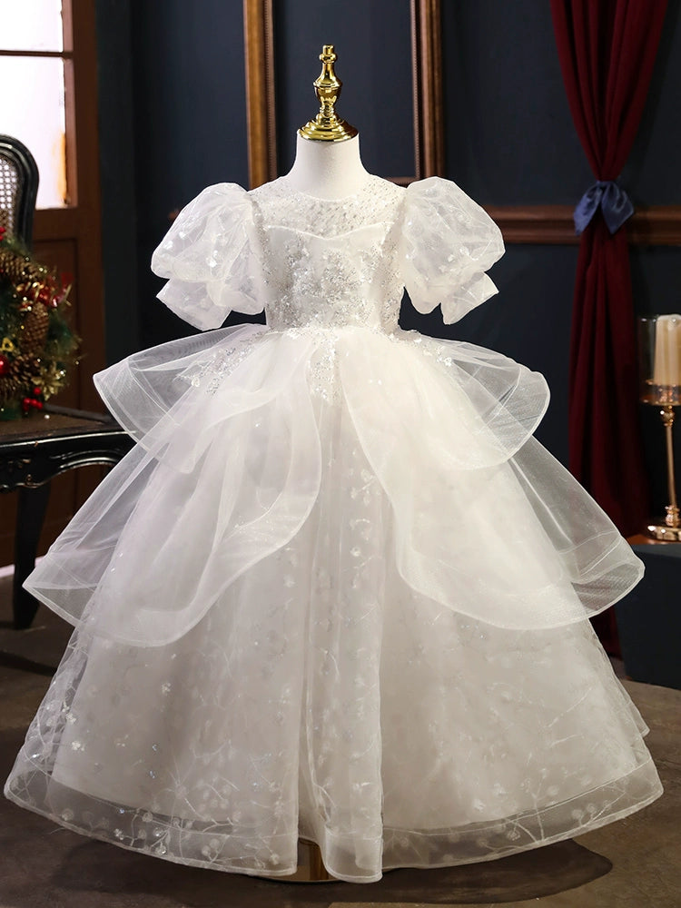 White Princess Round Organza Flower Girl Dress for Weddings, Baptisms & Special Occasions - Elegant & Comfortable Formal Wear