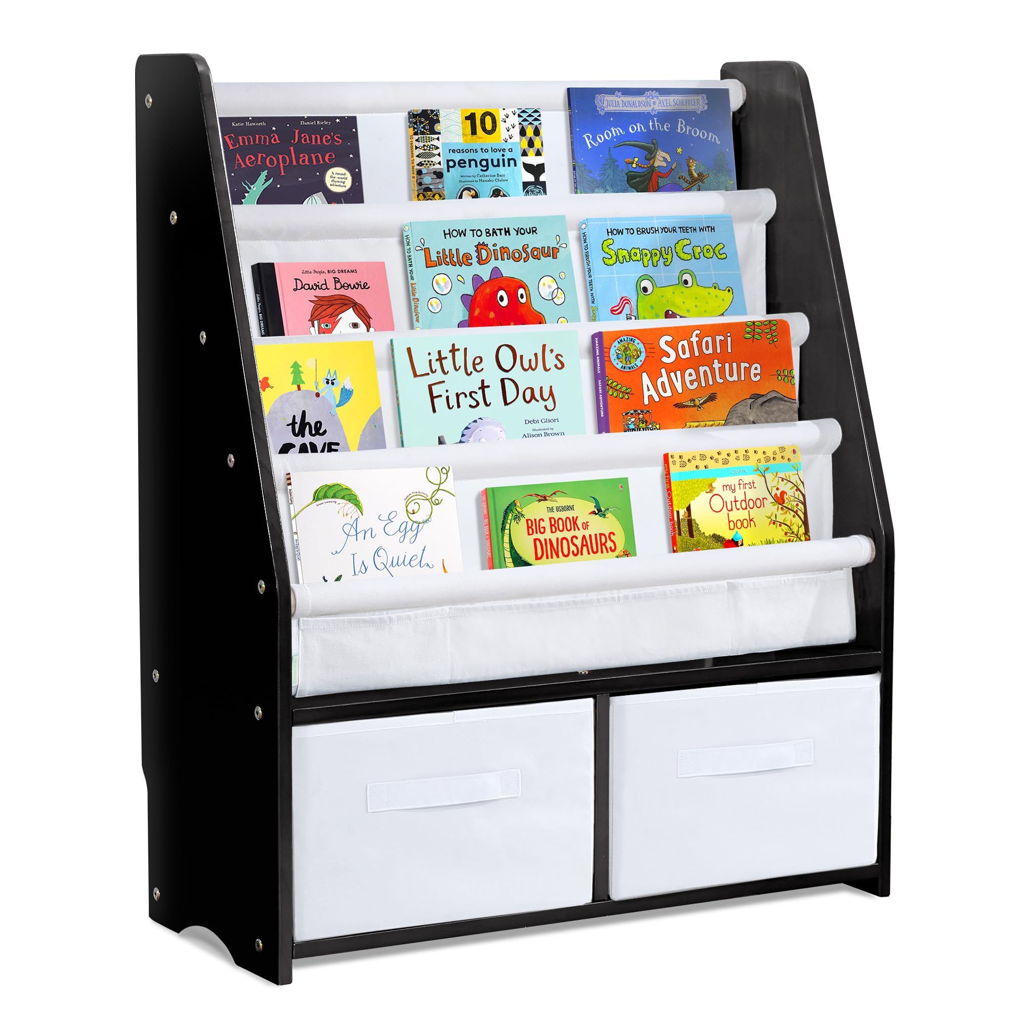 **MallBest Kids Bookshelf - Natural Solid Wood Bookcase with 2 Storage Bins & Toy Organizer, Children's Book Rack for Nursery, Playroom & Bedroom (Black)**