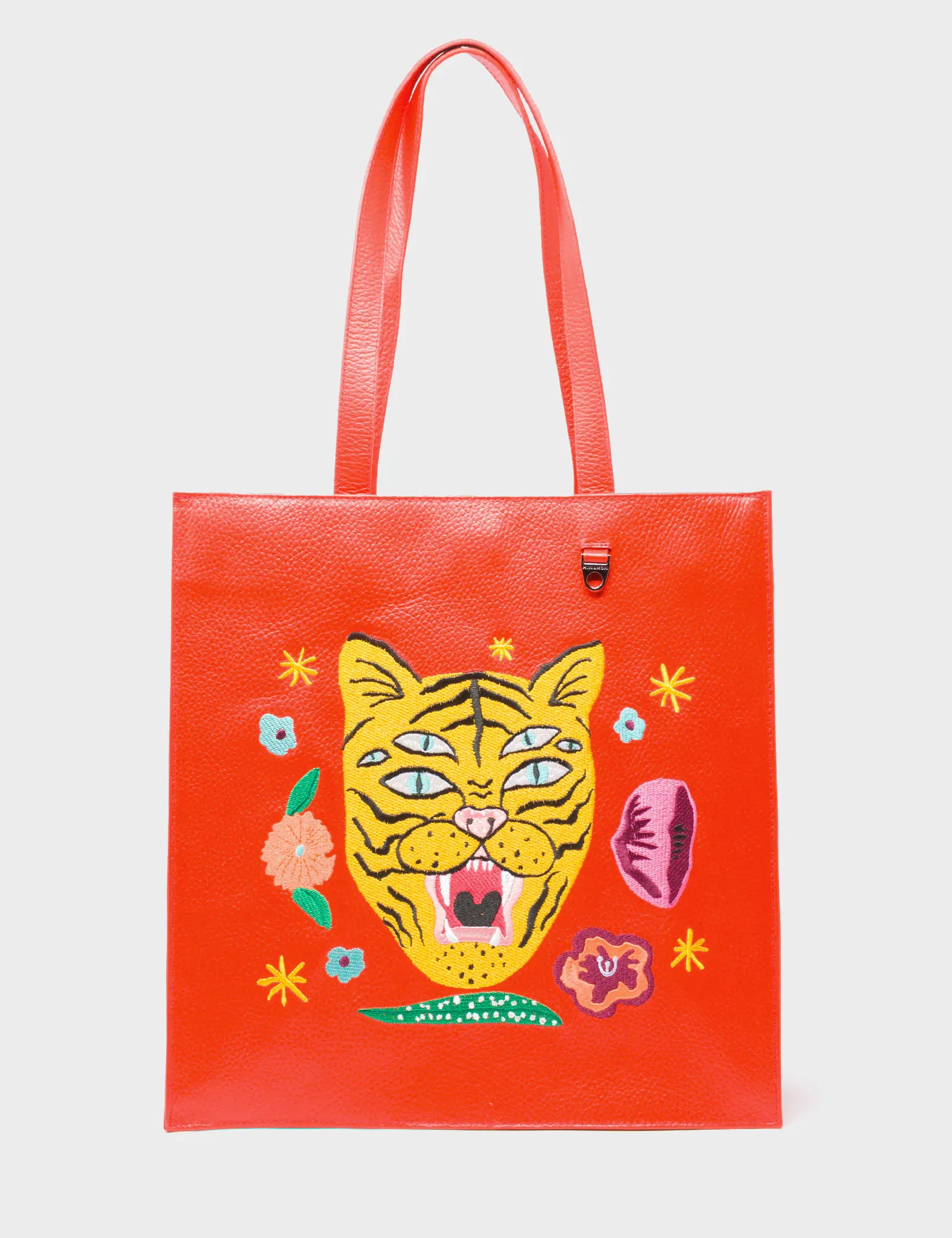 Marko Fiesta Red Leather Tote Bag with Tiger and Flowers Embroidery - Stylish Women's Handbag for Work, Travel & Everyday Use