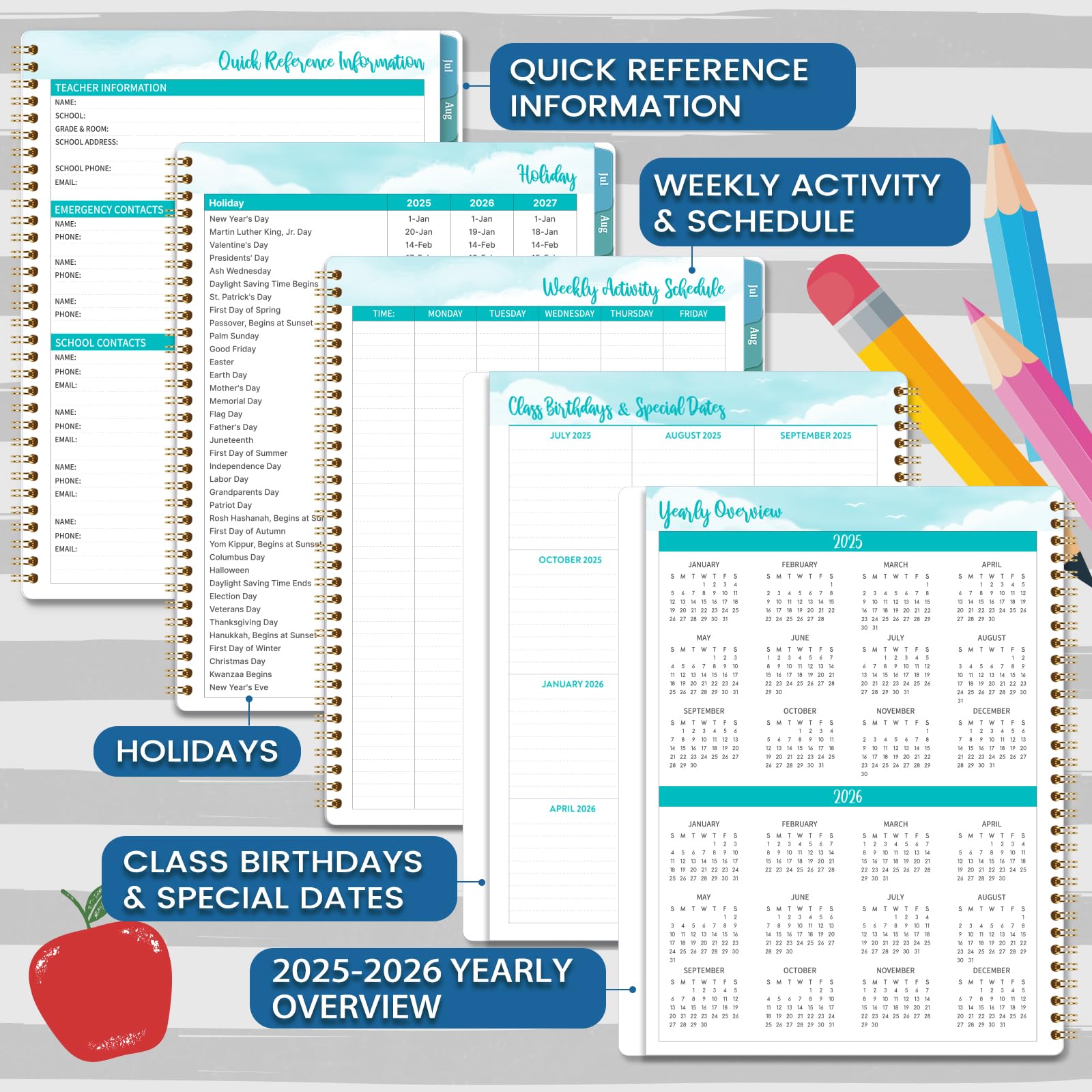 2025-2026 Teacher Planner - Academic Lesson Planner with Spiral Binding & Colorful Monthly Tabs (July 2025-June 2026, 8.5