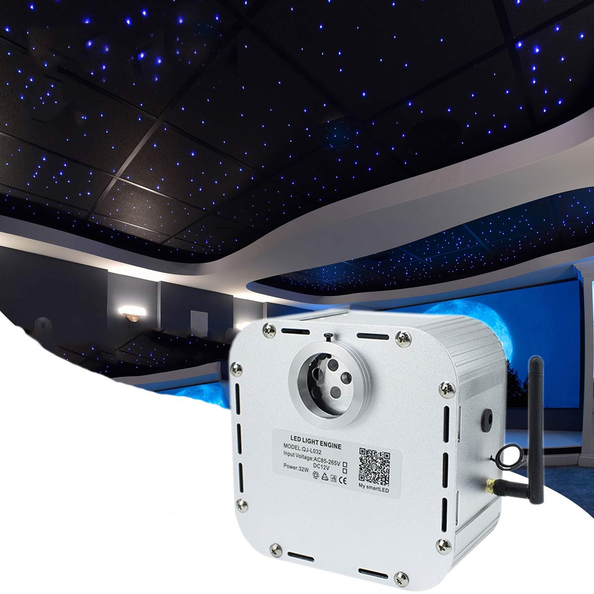 AZIMOM 32W RGBW Fiber Optic Light Source with Bluetooth/RF Control & Music Sensor - Twinkle Star Ceiling Light Engine for Cars, Home Decor, and Party Lighting Effects | Perfect for Bedroom, Theater, and Holiday Decoration