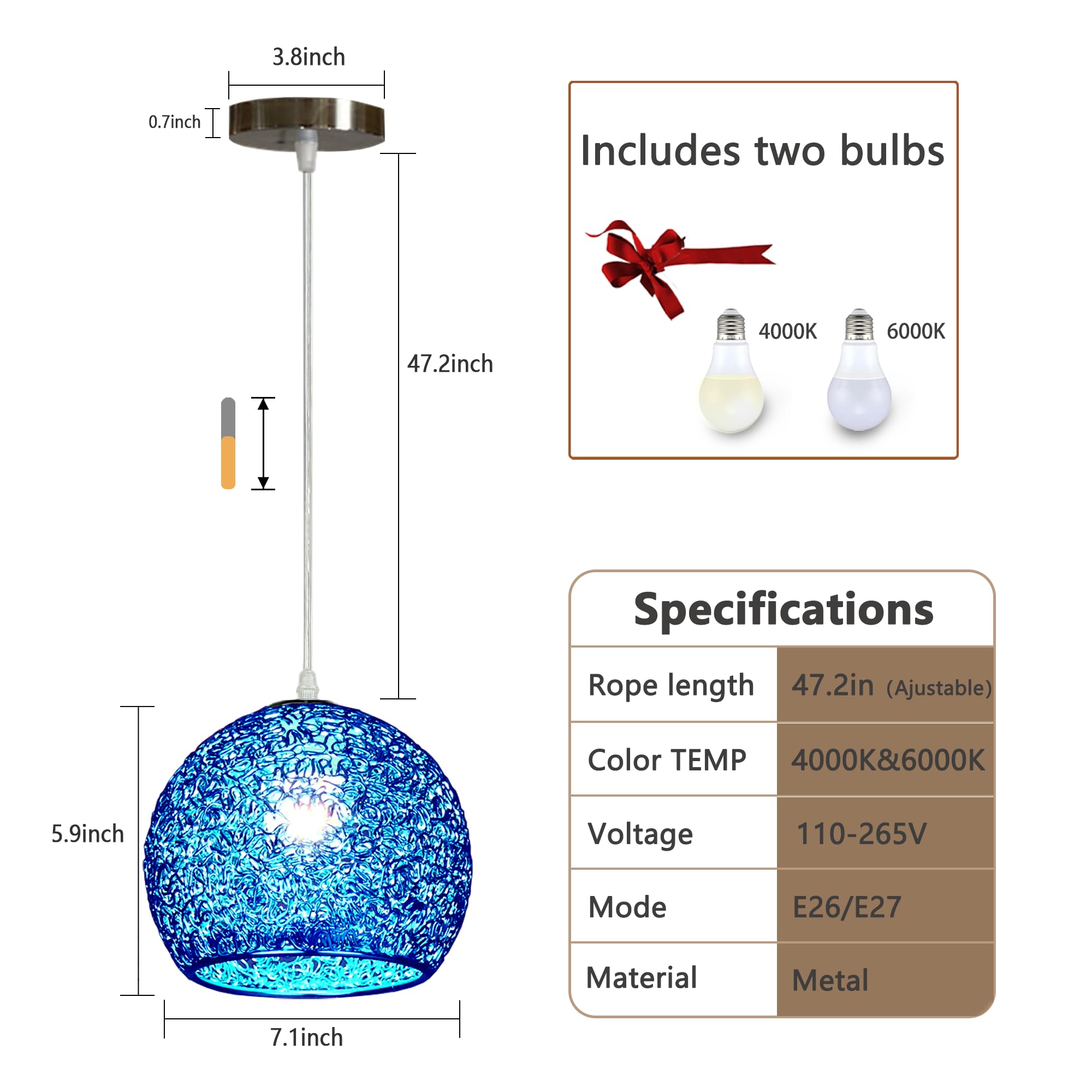 Modern Adjustable Circular Metal Pendant Light - Blue Hanging Lamp for Kitchen Island, Dining Room, Bathroom & Bar | Durable Ceiling Lighting Fixture for Home & Office Decor