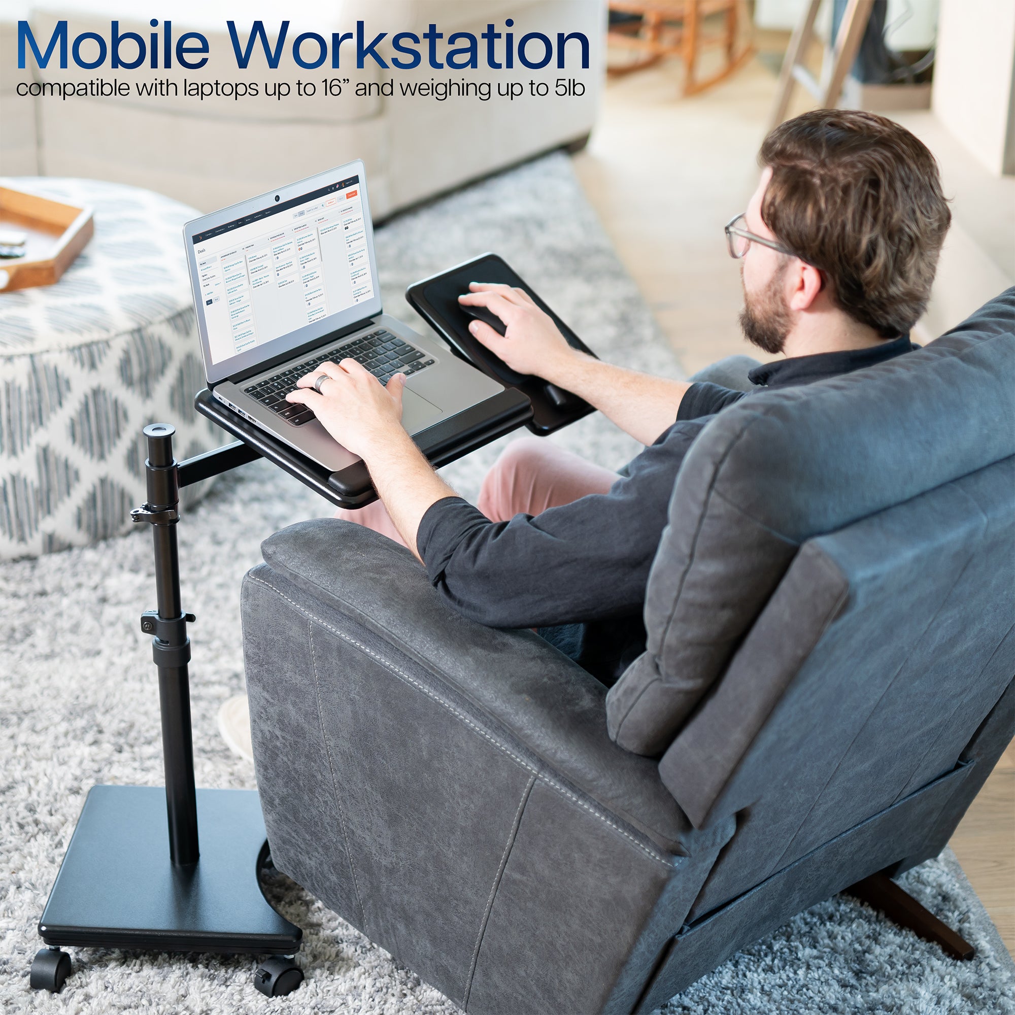 Adjustable Laptop Cart with Extension Arm - Mobile Workstation for Office, Classroom & Home Use - Ergonomic Rolling Desk with Wheels