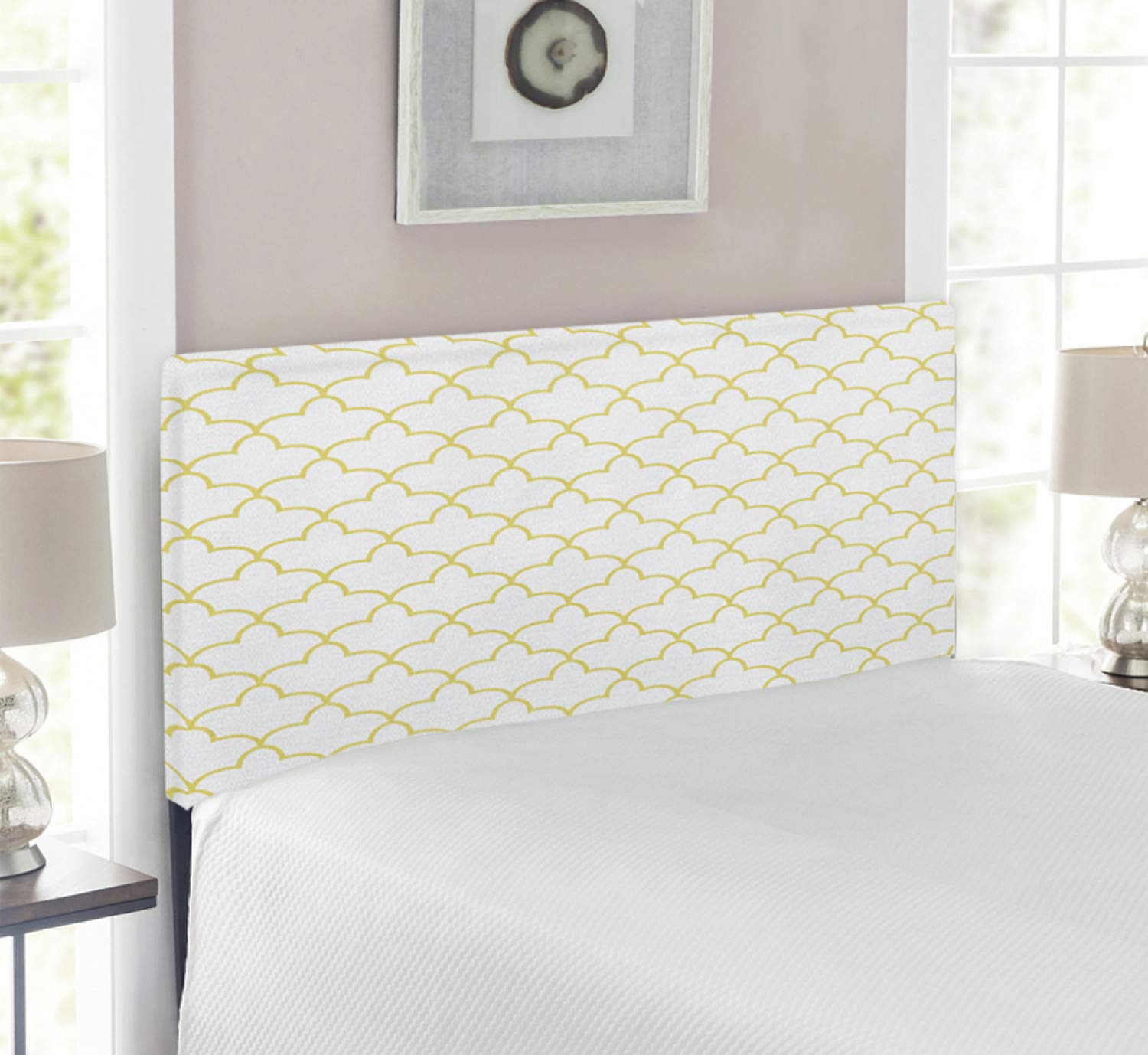 Ambesonne Quatrefoil Upholstered Headboard - Twin Size, Yellow & White, Persian Moroccan Oriental Design with Memory Foam - Perfect for Bedroom Decor, Guest Room, Dorm & Apartment