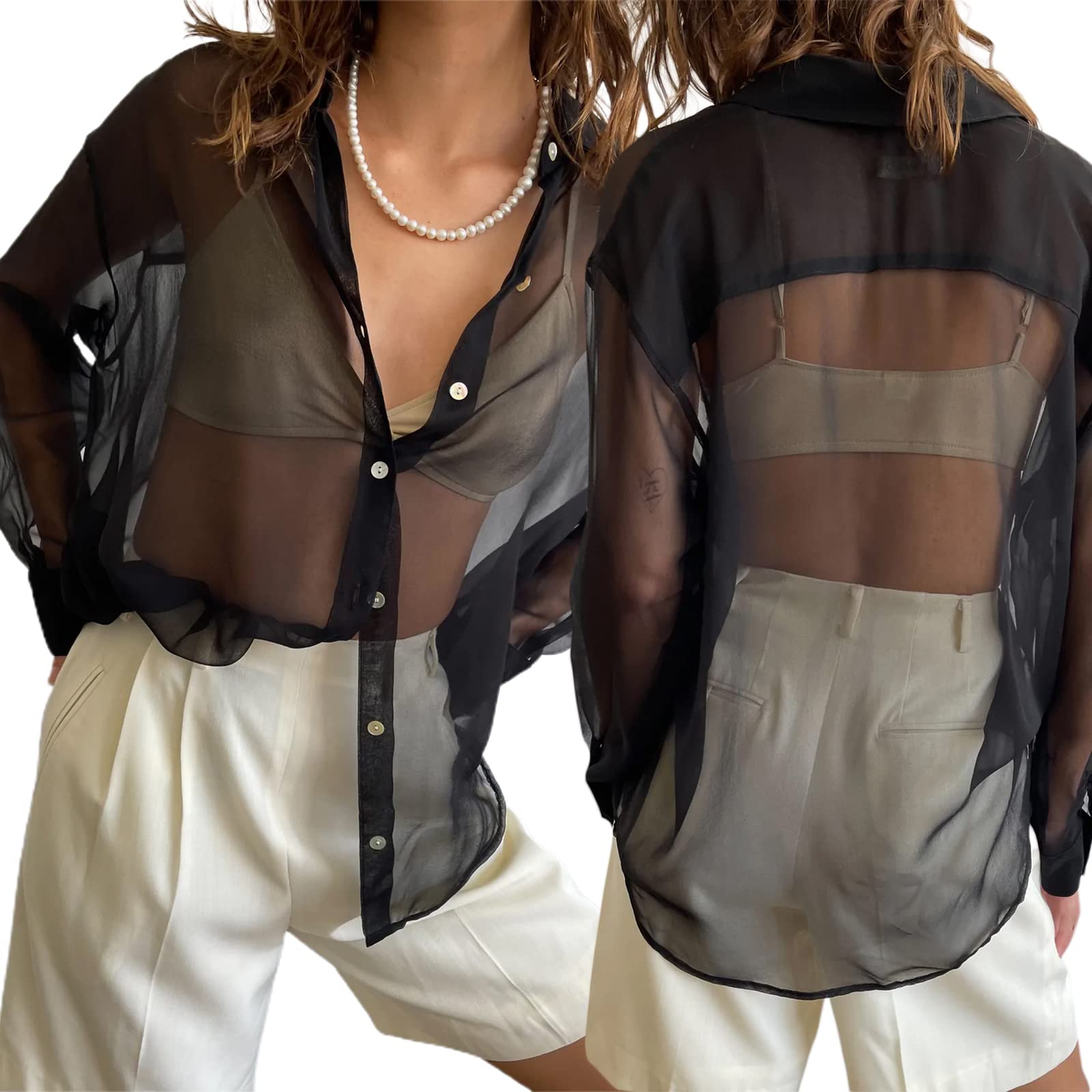 Women's Sheer Button-Up Blouse - Long Sleeve V-Neck See-Through Mesh Top with Lapel Collar, Loose Oversized Fit | Perfect for Layering, Casual Outfits & Night Out