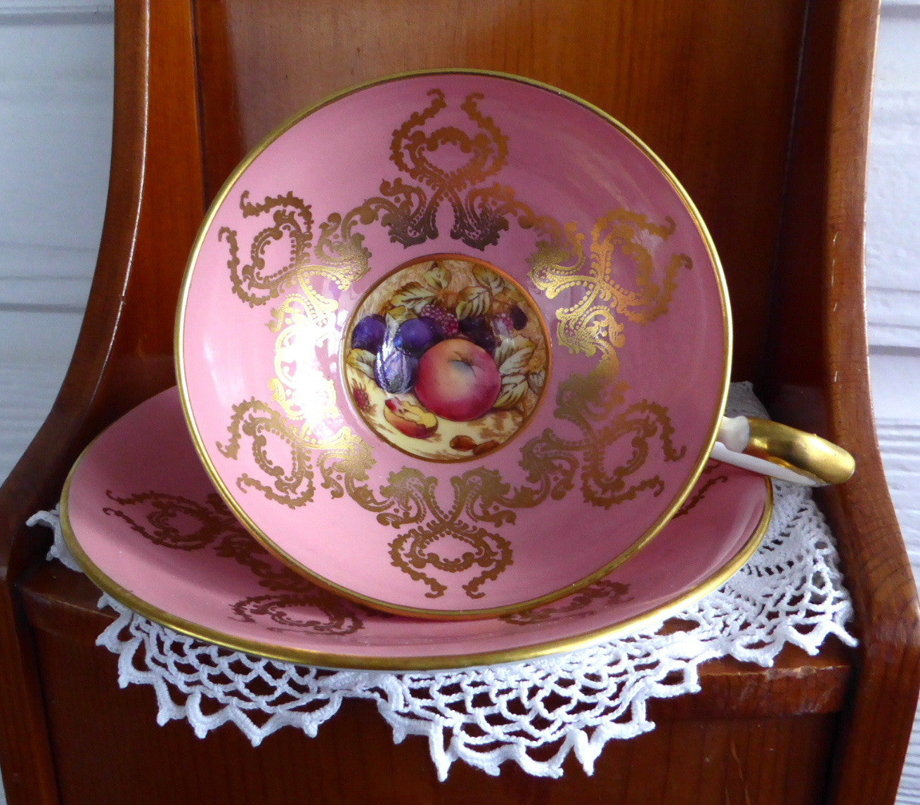 Vintage Aynsley Pink & Gold Overlay Bone China Cup and Saucer Set with Fruit Design - Elegant Tea Set for Afternoon Tea, Bridal Shower, or Collectible Display (1950s)