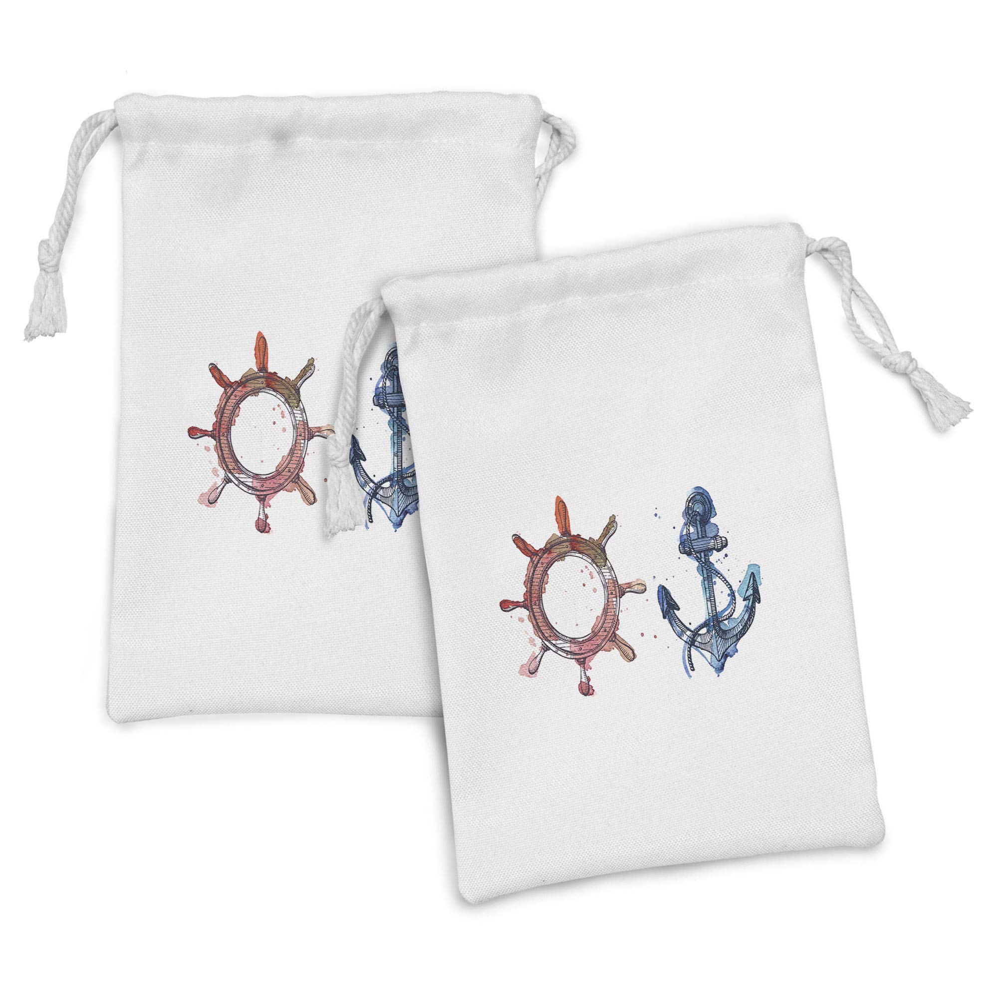 Ambesonne Nautical Fabric Pouch Set of 2 - Anchor & Steering Wheel Watercolor Drawstring Bags (9