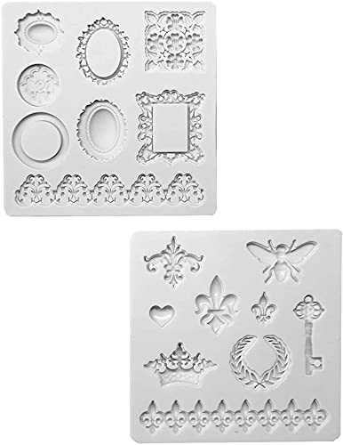 2Pcs Bee Crown Key Mirror Heart Lace Photo Frame Silicone Molds - Fondant, Chocolate, Candy, Soap, Resin Craft Molds for DIY Desserts, Cupcake Toppers, Ice Cubes & Birthday Party Decorations - Perfect for Baking, Cake Decorating and Handmade Crafts